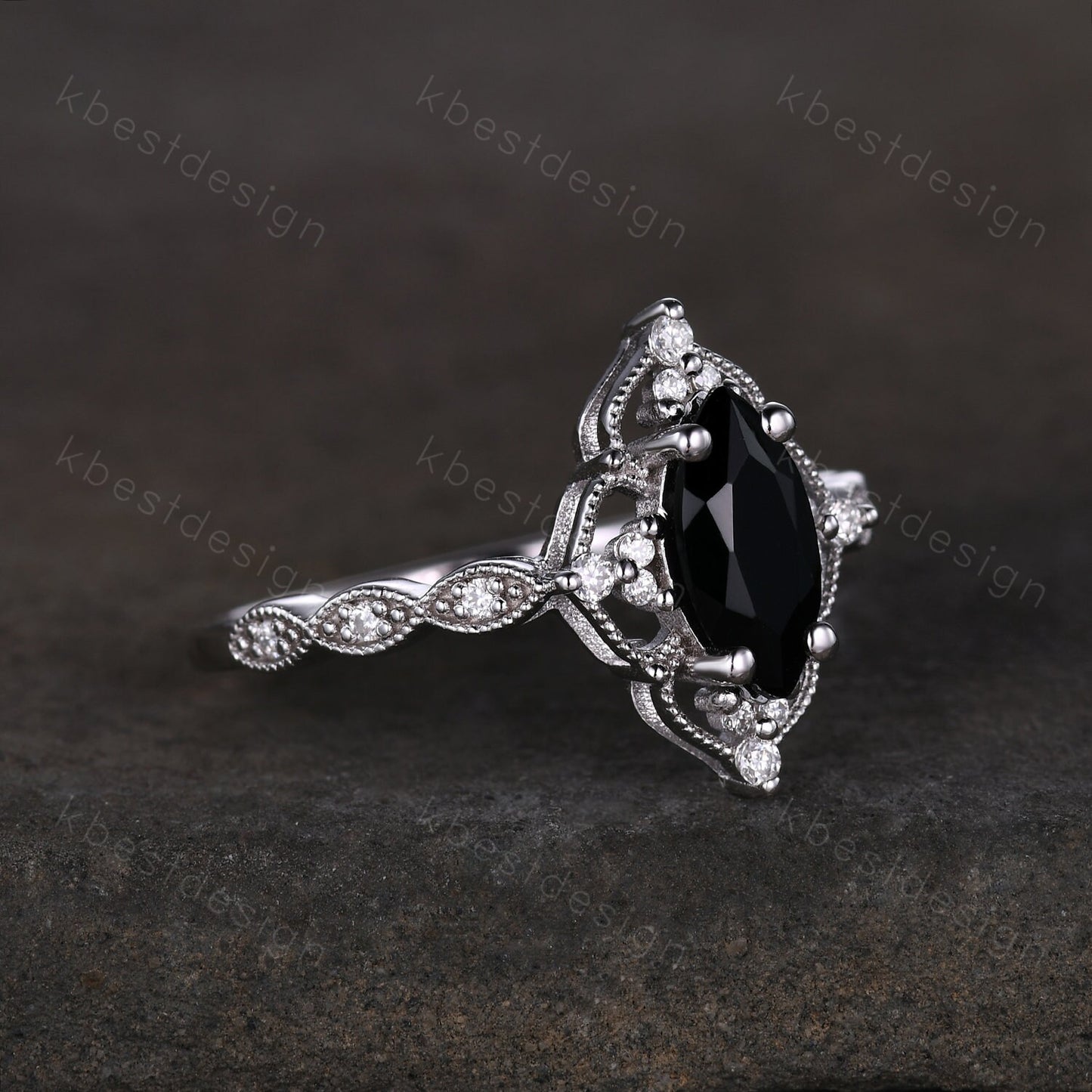 Vintage black onyx engagement ring 14k white gold ring unique marquise cut black onyx ring antique moissanite ring for women platinum ring