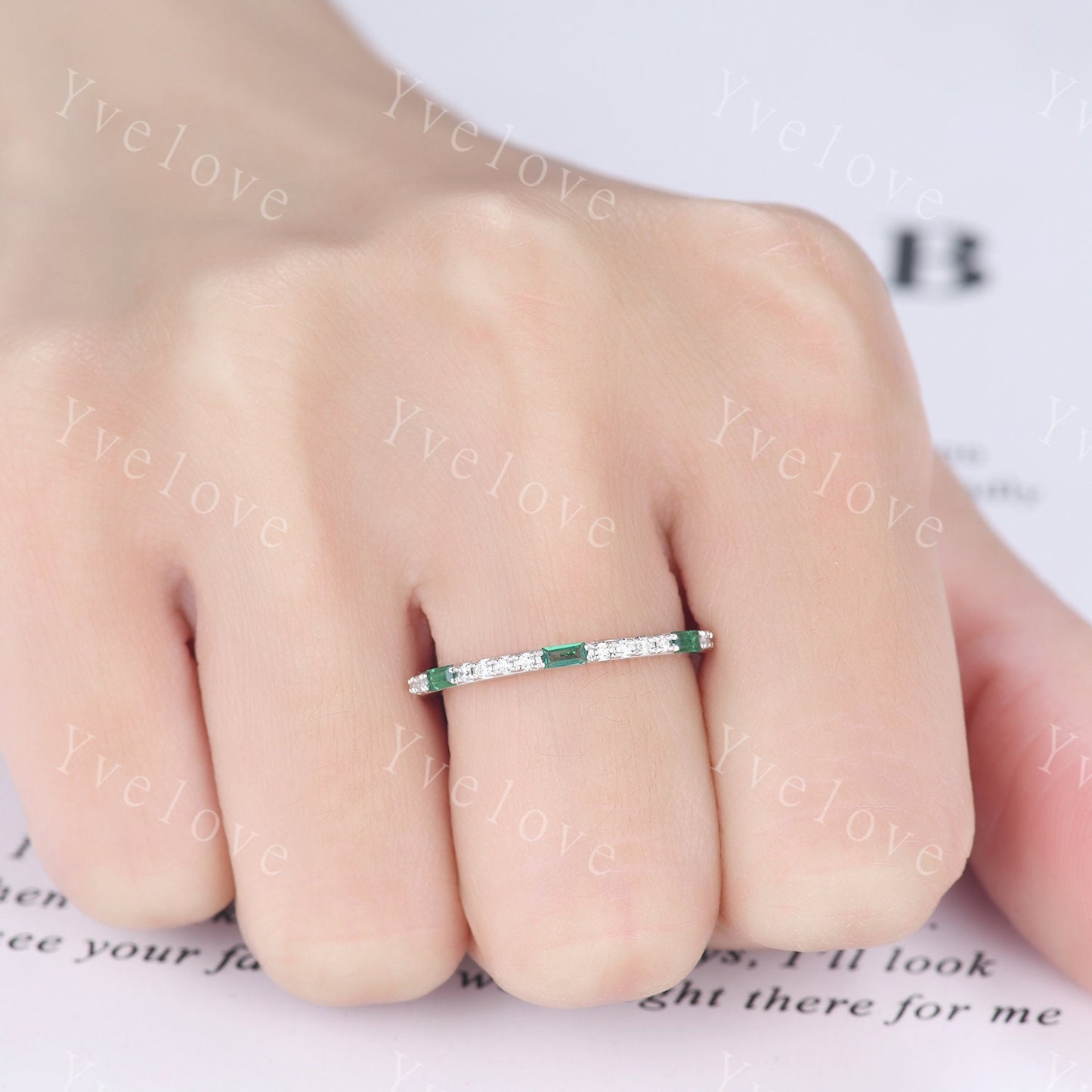 Emerald Ring,Minimalist Stackable Band,Baguette Emerald Diamond Wedding Ring,Half Eternity Wedding Band,Anniversary Stacking Ring,Custom