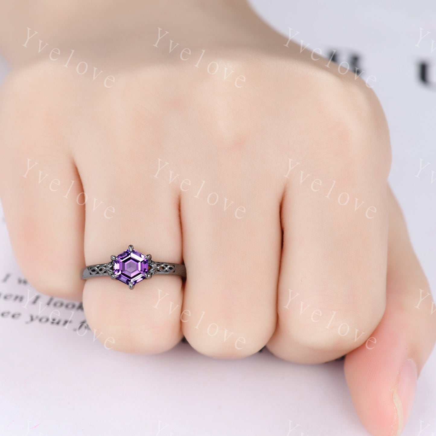 Hexagon Shaped Amethyst Engagement Ring Set Black Silver Band Vintage Amethyst Wedding Ring Enhancer Band Art Deco Bridal Set For Women