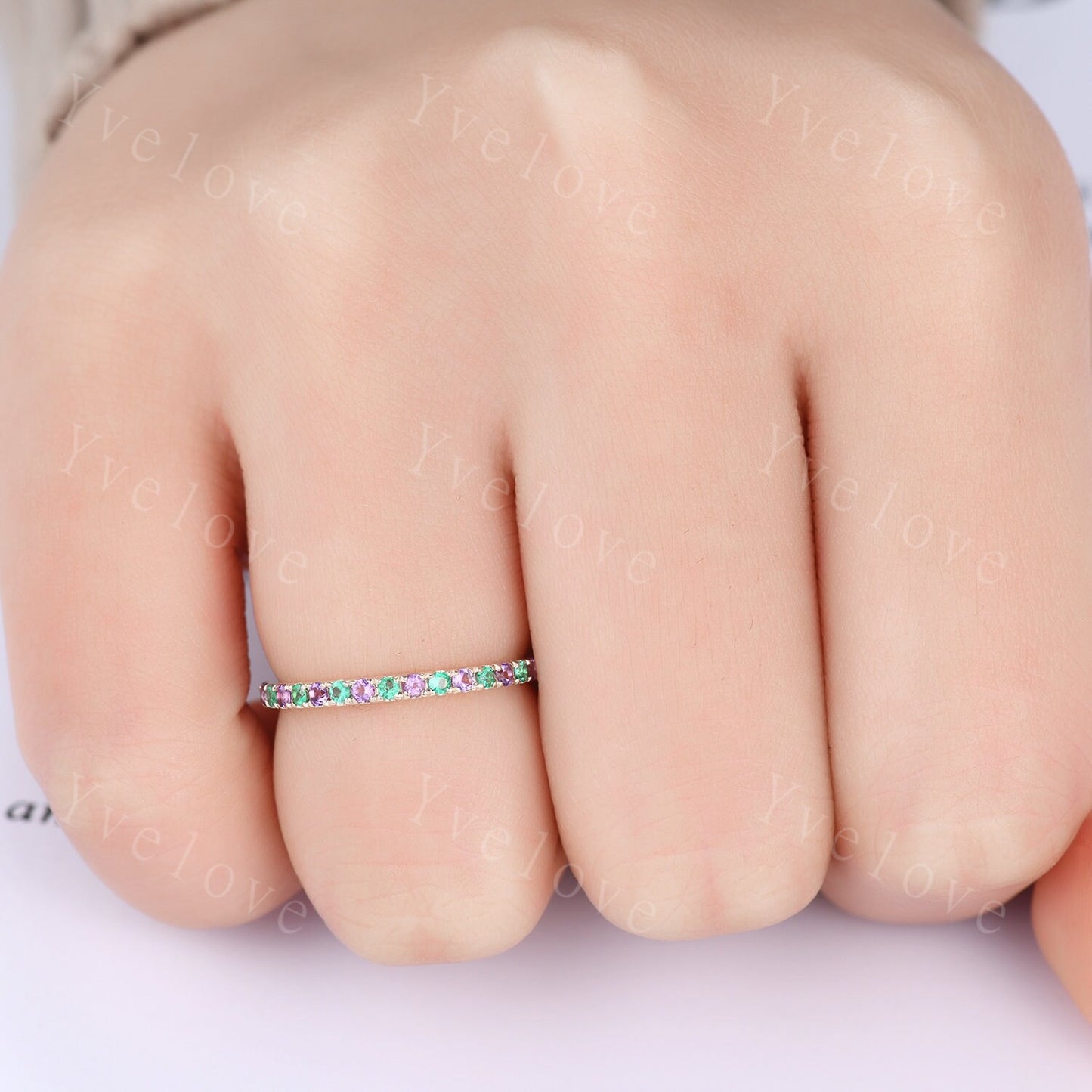 Amethyst emerald band art deco amethyst ring 14k rose gold emerald stacking matching band May birthstone gift promise bridal ring custom