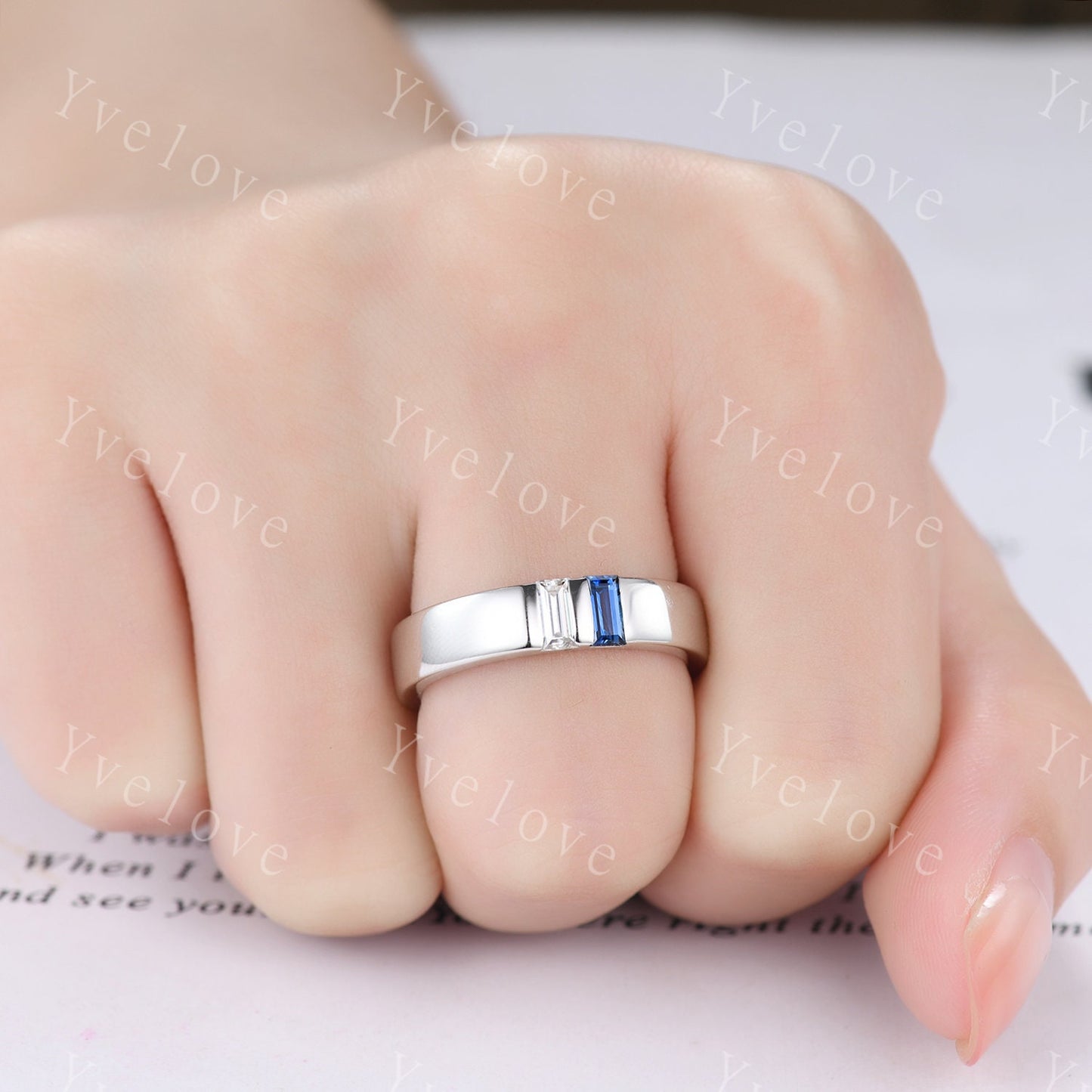 5mm Mens Sapphire Moissanite Wedding Band,Two Baguette Cut Gems,Mens Ring,September Birthstone Ring,Handmade Gift For Him,925 Silver Ring