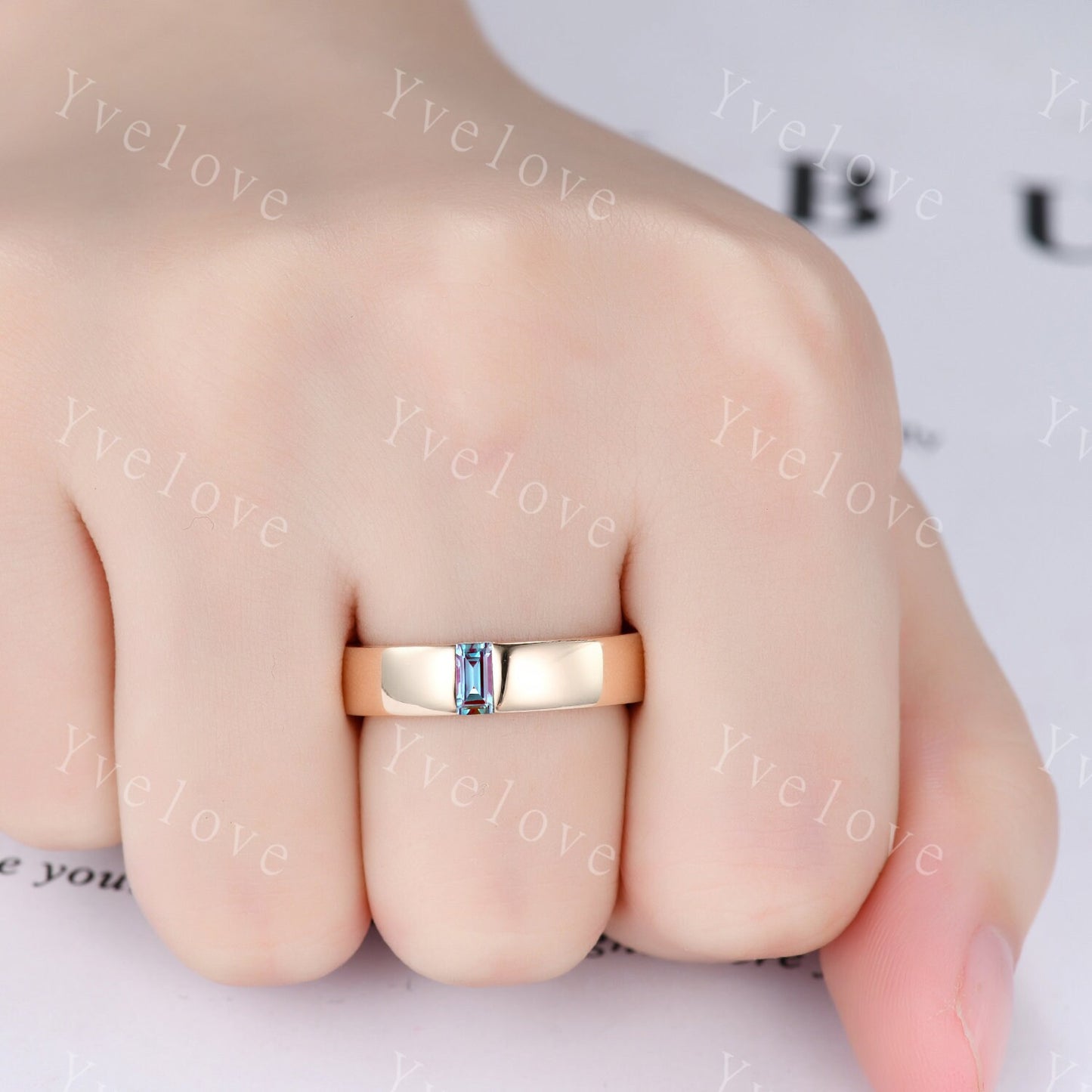 Mens Alexandrite Wedding Band Baguette Shaped Alexandrite Band 5mm Solid White Gold Ring Mens Stacking Matching Band Retro Vintage Ring Gift