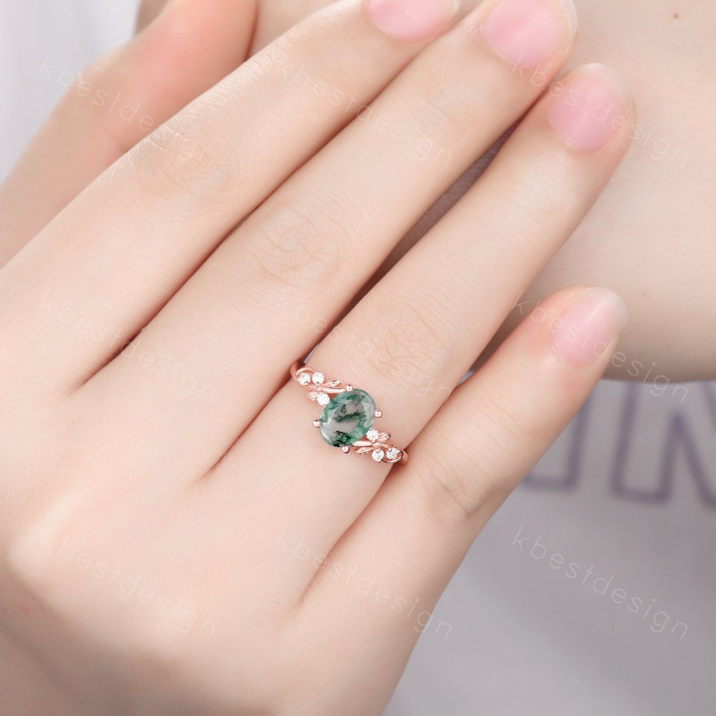 Vintage oval moss agate engagement ring set rose gold twig leaf moissanite ring nature branch ring unique art deco bridal wedding ring set