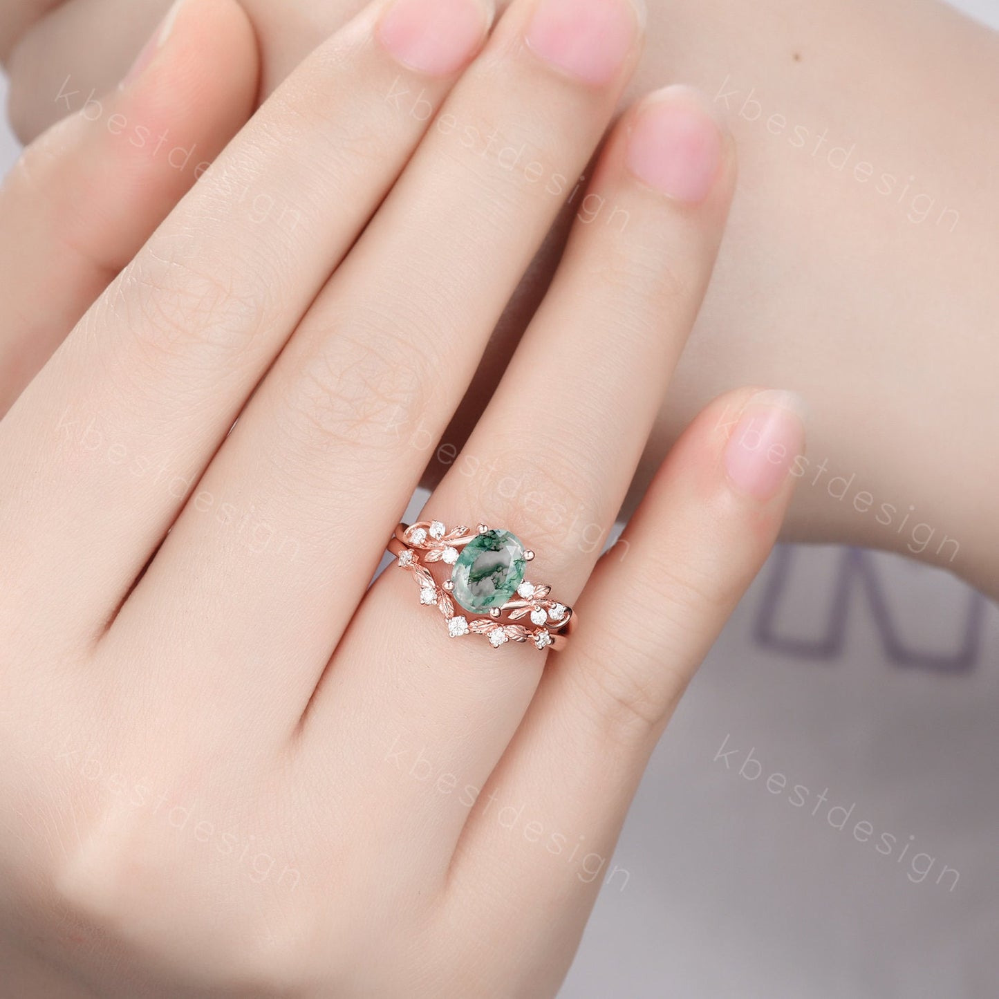 Vintage oval moss agate engagement ring set rose gold twig leaf moissanite ring nature branch ring unique art deco bridal wedding ring set