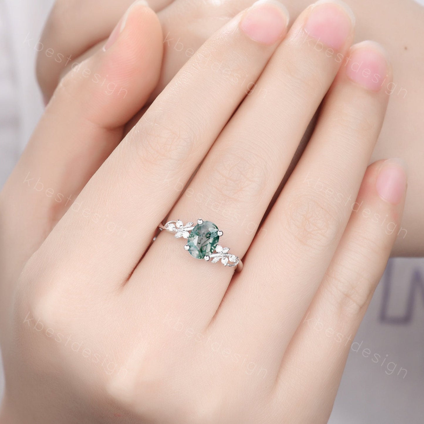 Vintage oval moss agate engagement ring set silver ring twig leaf moissanite ring nature branch ring unique art deco bridal wedding ring set