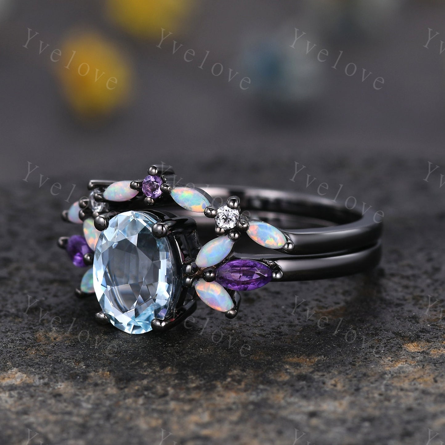 Vintage Blue Aquamarine Engagement Ring Black Gold Oval Cut Gem Bridal Ring Art deco Amethyst Opal stacking band women promise birthday gift