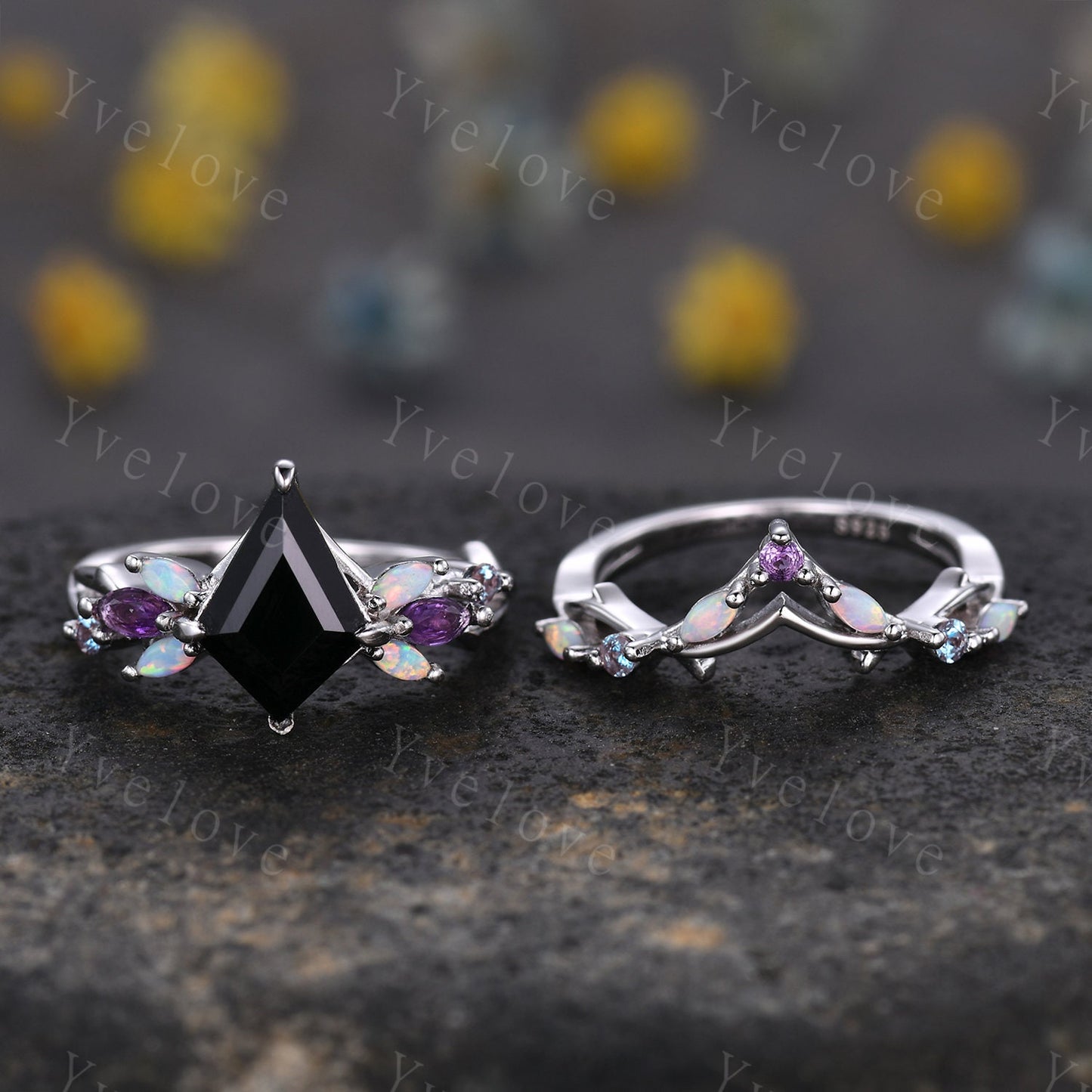 Vintage Kite Black Onyx Engagement Ring Set,Silver Band,Vines Amethyst Opal Ring,Women Bridal Set,Unique Twig Anniversary Promise Ring Gift