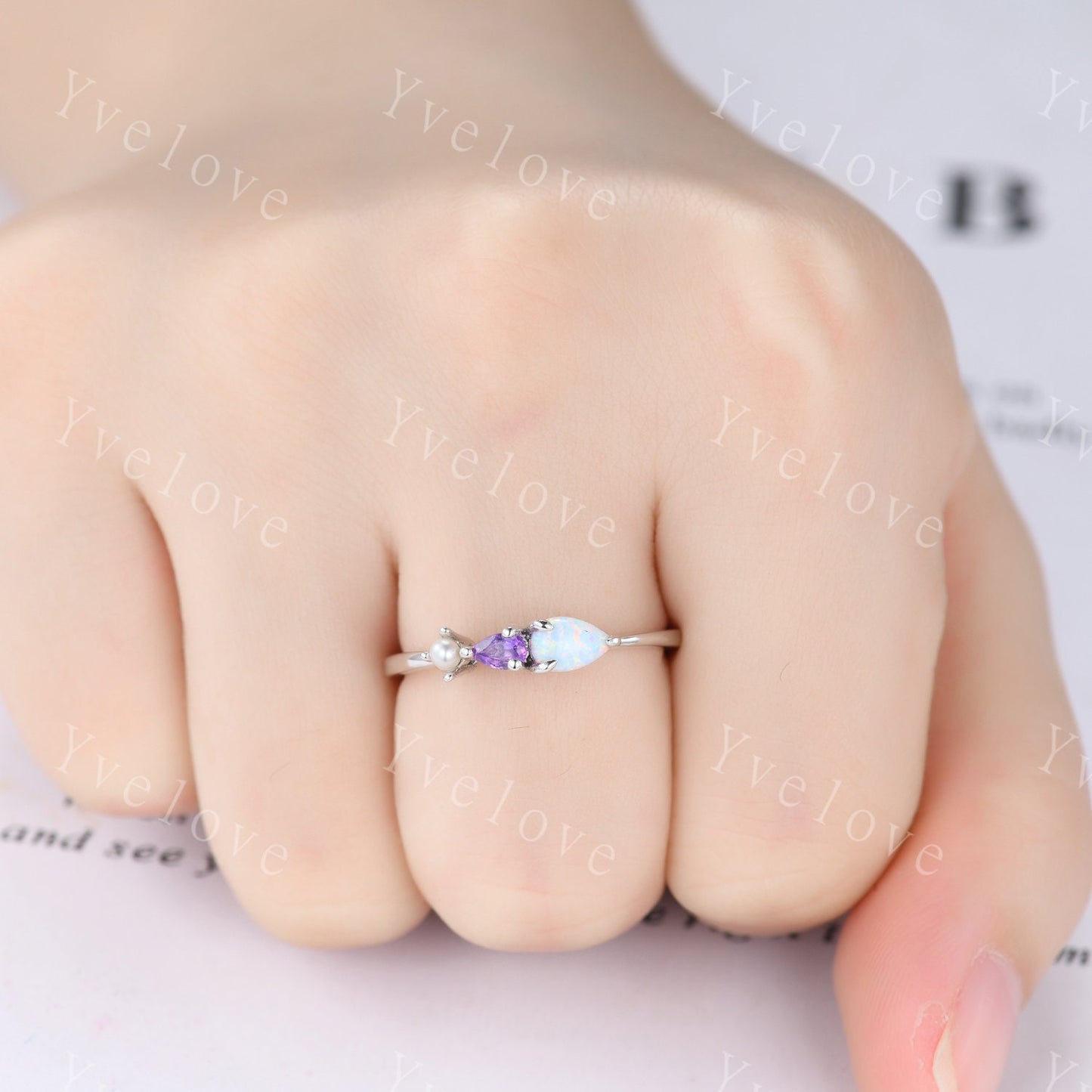 Vintage Opal Amethyst Engagement Ring,Pear Cut Gems,Art Deco Pearl Wedding Band,3 Stone Unique Women Bridal Promise Ring,Gold ring,Custom