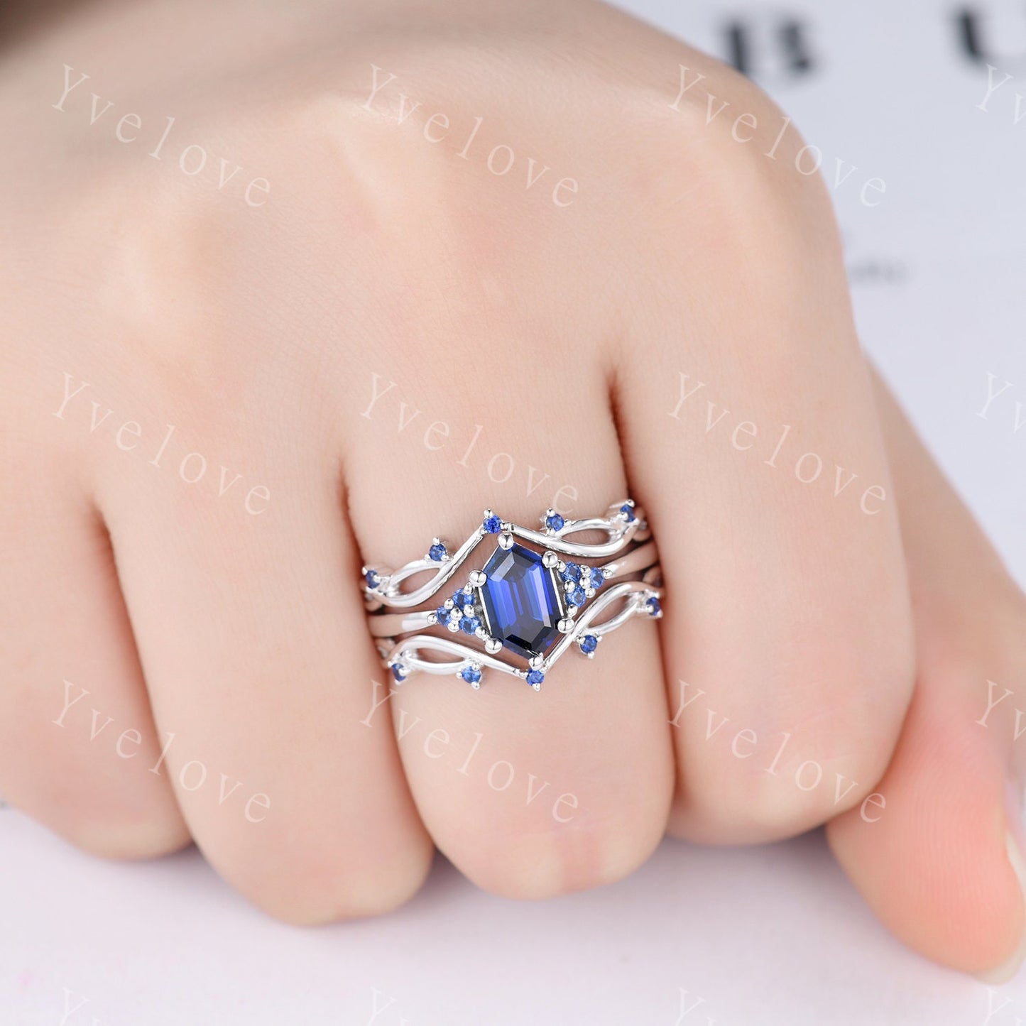 Vintage Blue Sapphire Engagement Ring,Twig Enhancer Stacking Band,Women Vine Band,Art Deco Curved Branch Wedding Band,Platinum Silver Ring