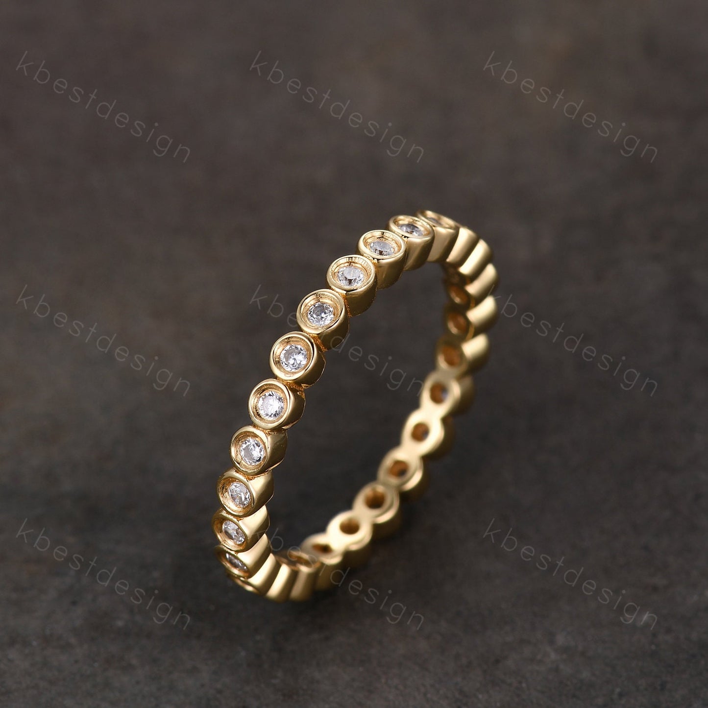 1.5mm round cut Moissanite wedding band yellow gold bezel set wedding band unique stacking matching band colorless moissanite ring for her