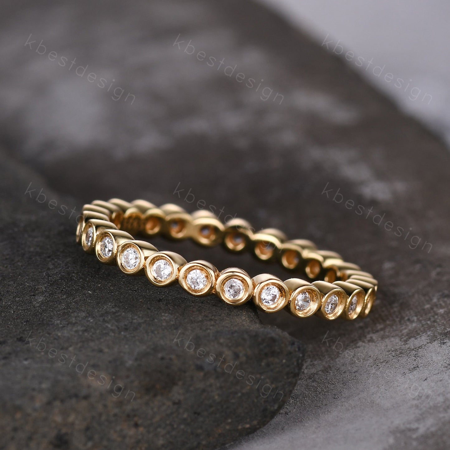 1.5mm round cut Moissanite wedding band yellow gold bezel set wedding band unique stacking matching band colorless moissanite ring for her