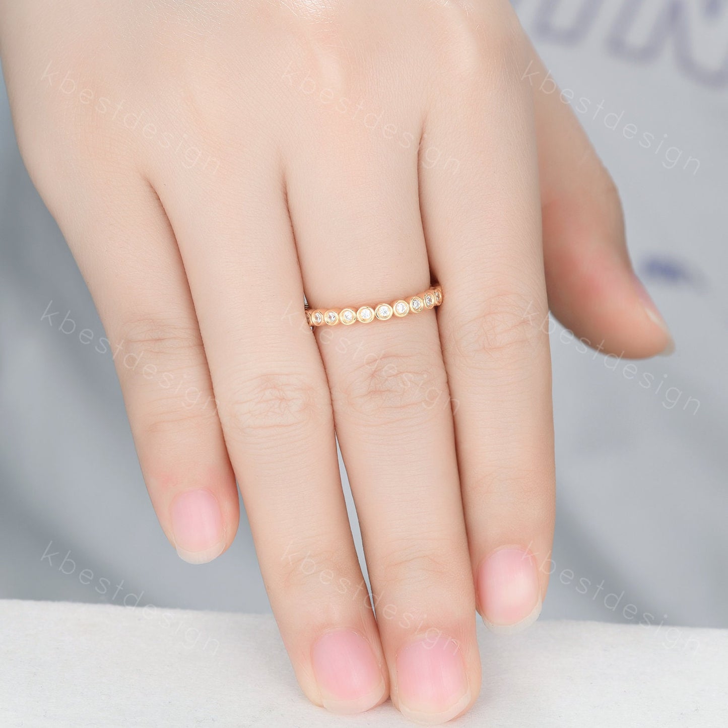 1.5mm round cut Moissanite wedding band yellow gold bezel set wedding band unique stacking matching band colorless moissanite ring for her