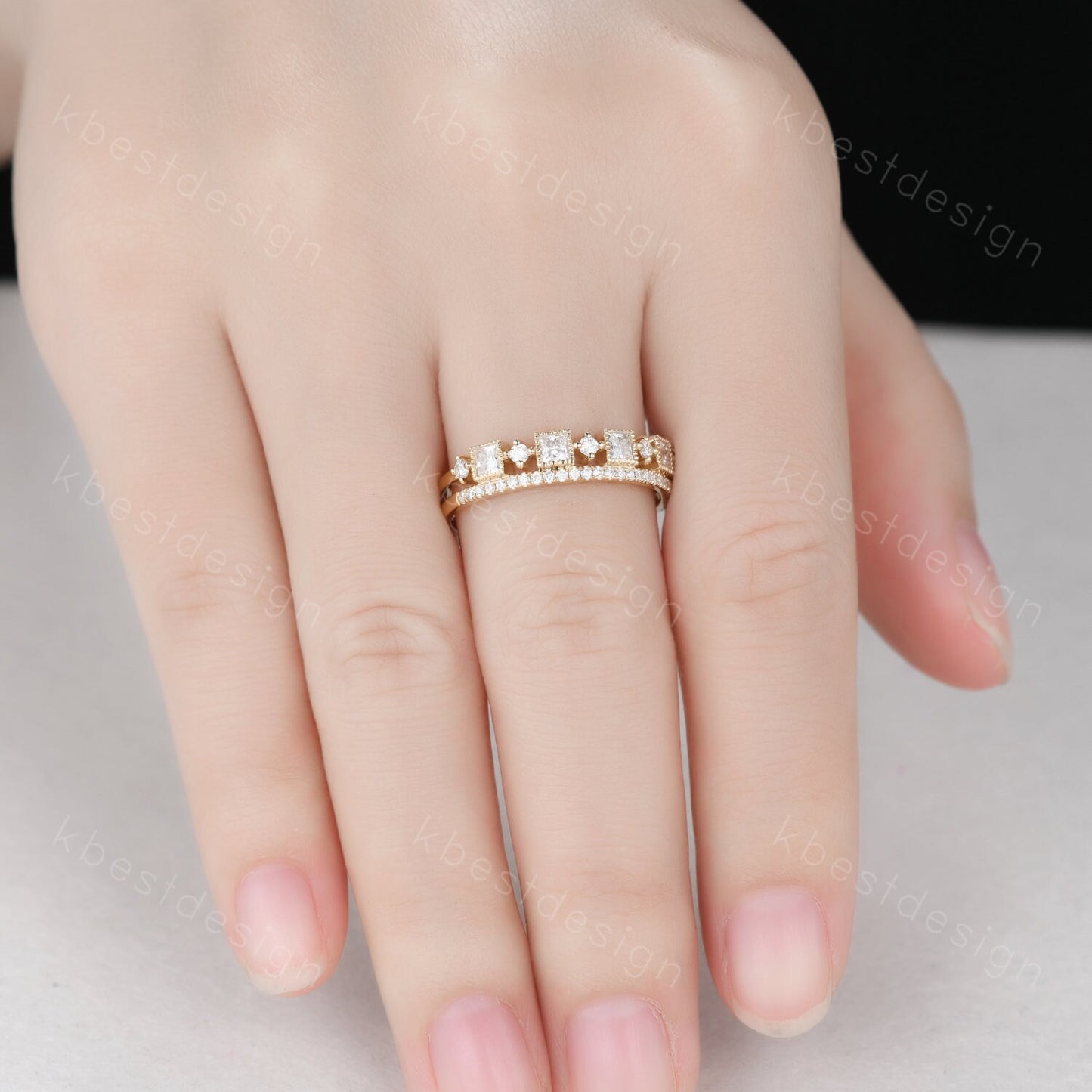 2mm princess cut Moissanite wedding band yellow gold milgrain bezel set wedding band art deco stacking matching band unique anniversary gift