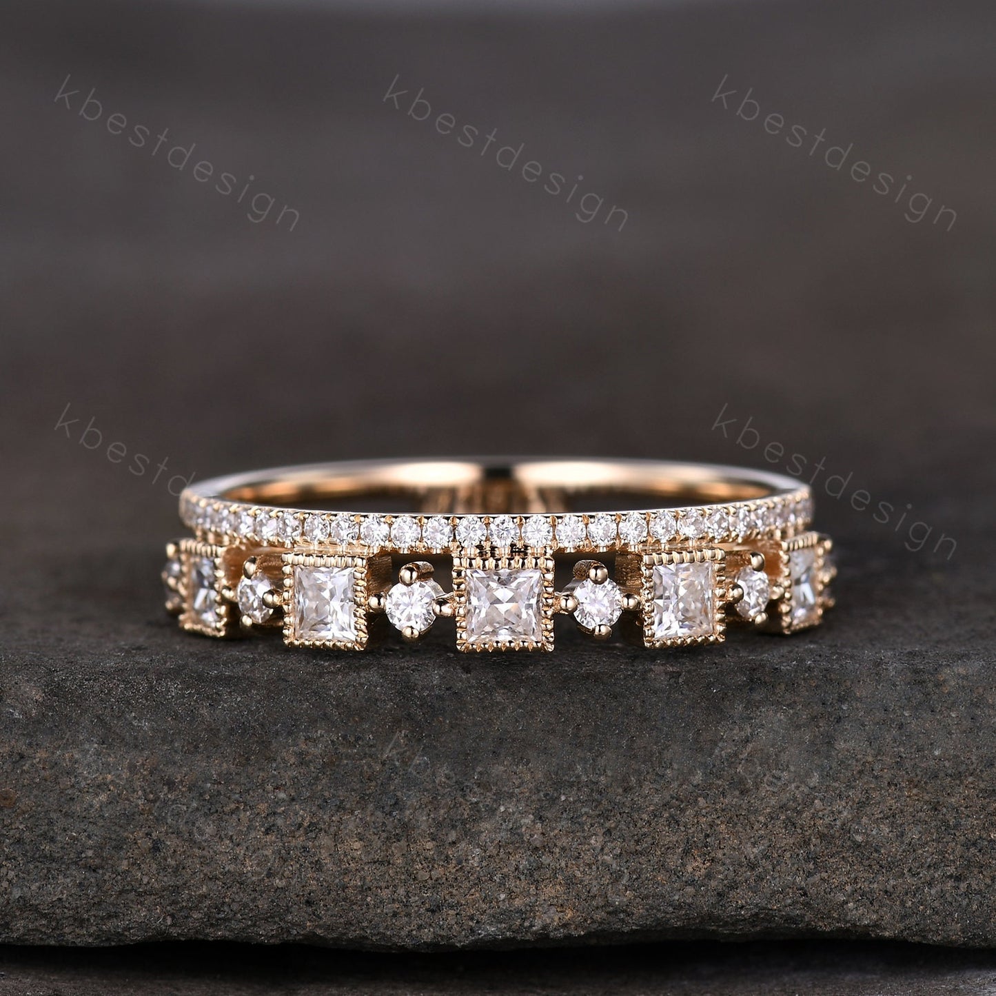 2mm princess cut Moissanite wedding band yellow gold milgrain bezel set wedding band art deco stacking matching band unique anniversary gift