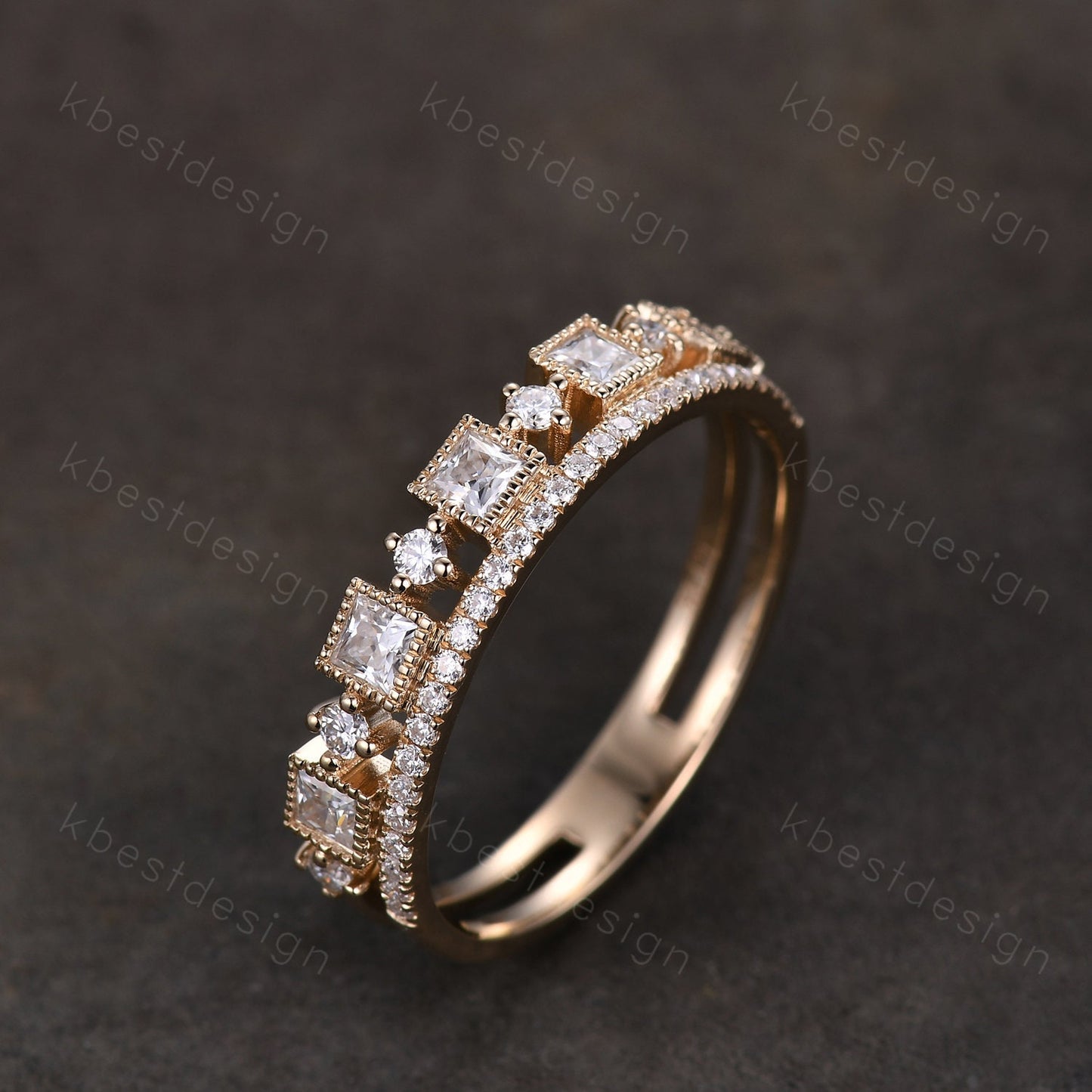 2mm princess cut Moissanite wedding band yellow gold milgrain bezel set wedding band art deco stacking matching band unique anniversary gift
