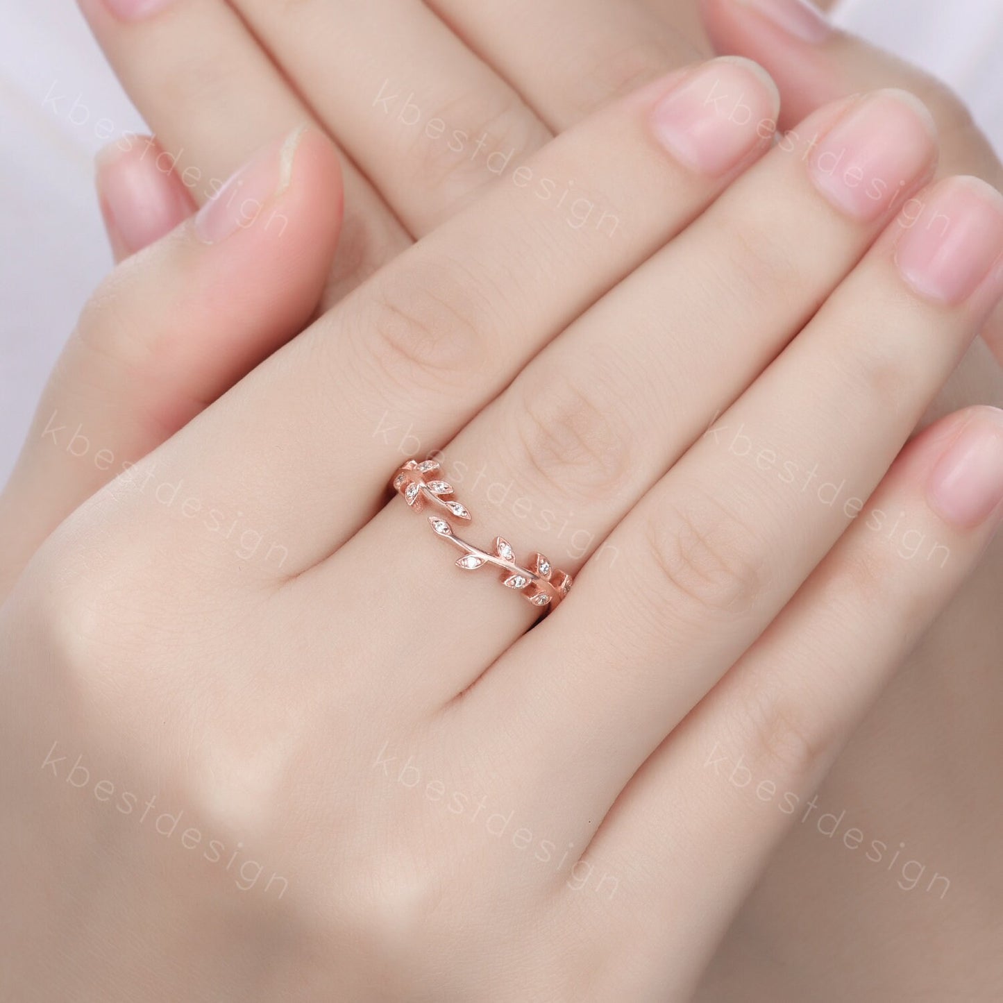 Delicate Moissanite wedding band rose gold curved matching band twig leaf Stacking band olive branch engagement ring bridal anniversary ring