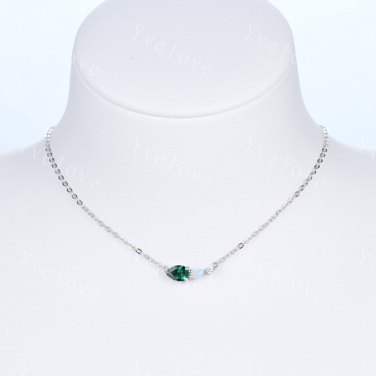 Unique Emerald Opal Necklace,Pear Cut Gems,Art Deco Moissanite Diamond Delicate Dainty Necklace,3 Stone Unique Women Bridal Gift,Silver