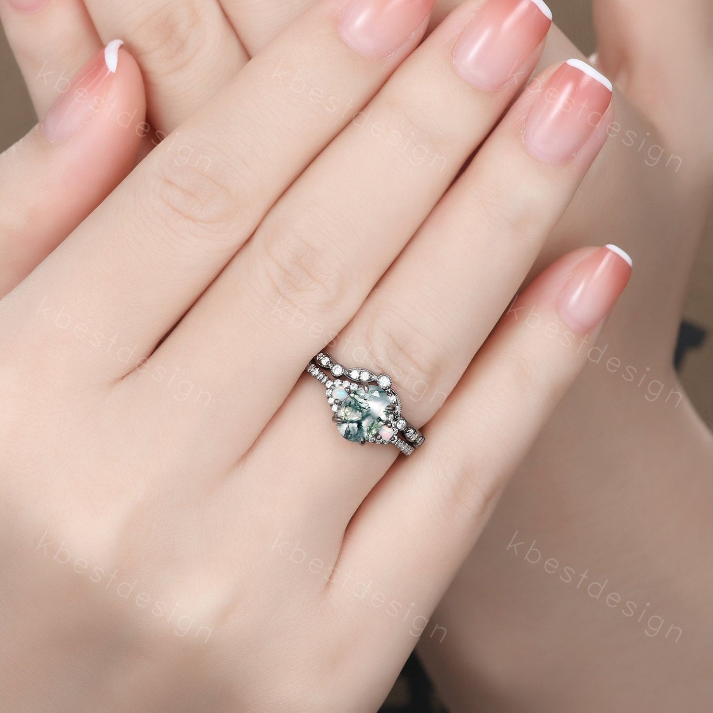 Vintage moss agate engagement ring set black gold green moss agate ring unique curved Moissanite stacking band oval cut bridal wedding set