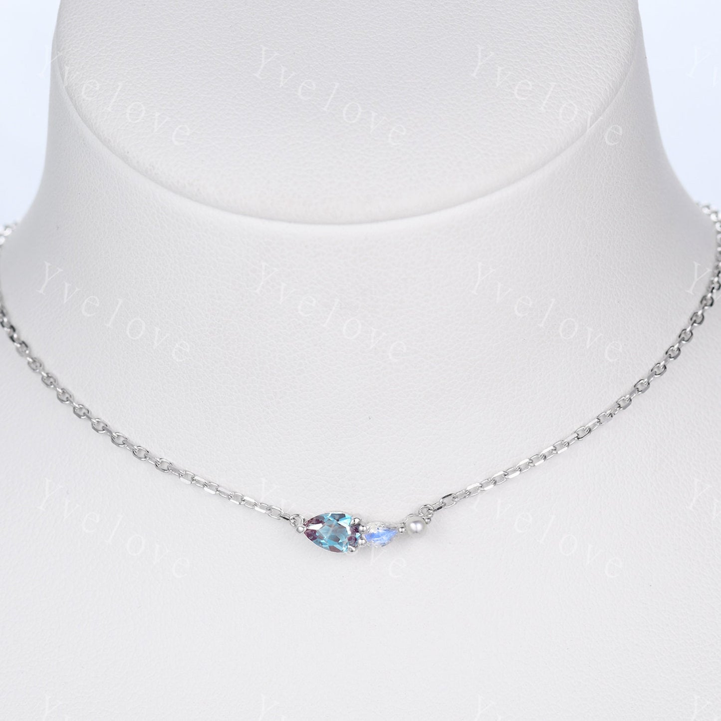 Unique Alexandrite Moonstone Necklace,Pear Cut Gems,Art Deco Pearl Delicate Dainty layer Necklace,3 Stone Unique Women Bridal Gift,Silver
