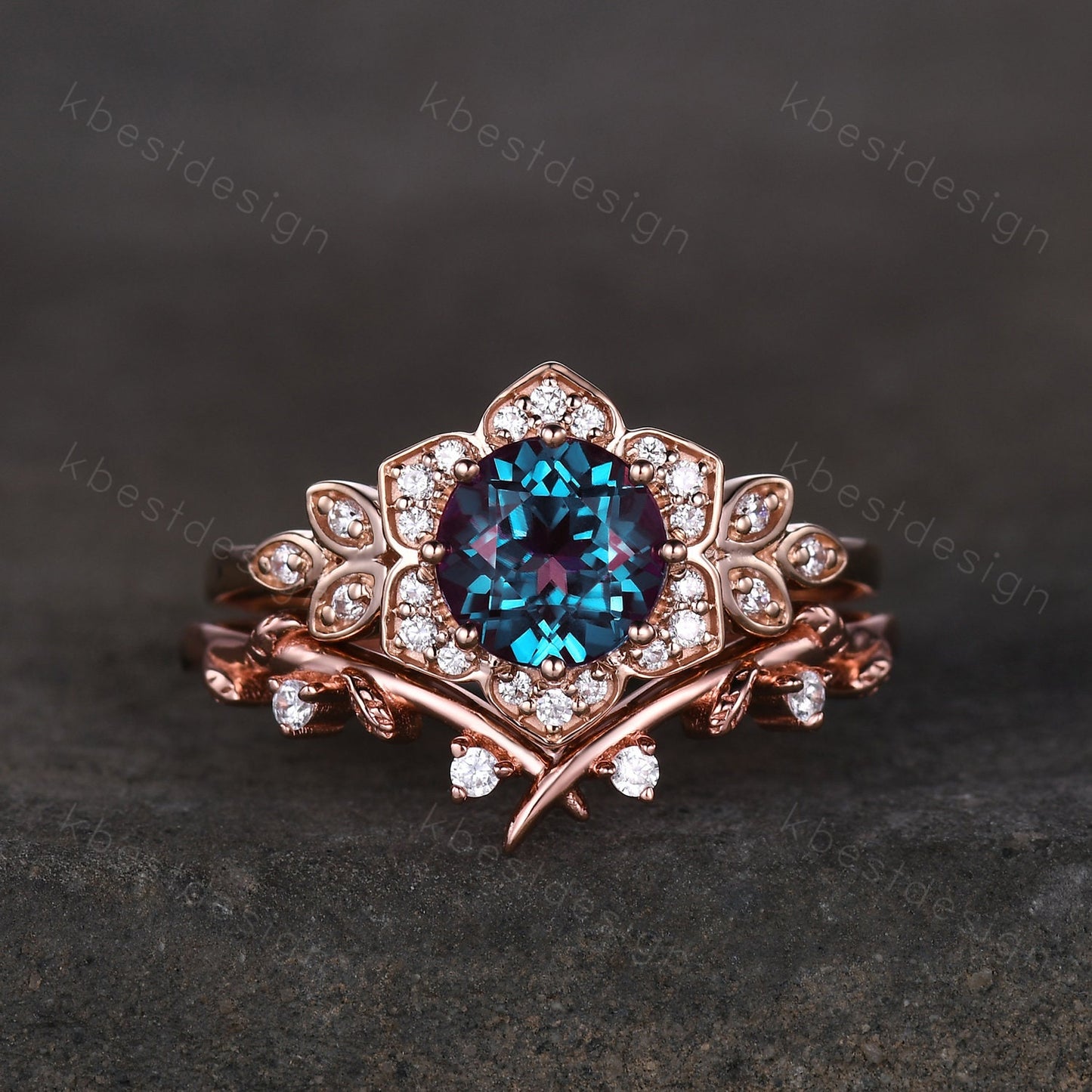 Vintage round Alexandrite engagement ring set antique moissanite halo ring rose gold twig wedding ring June Birthstone ring Promise ring set