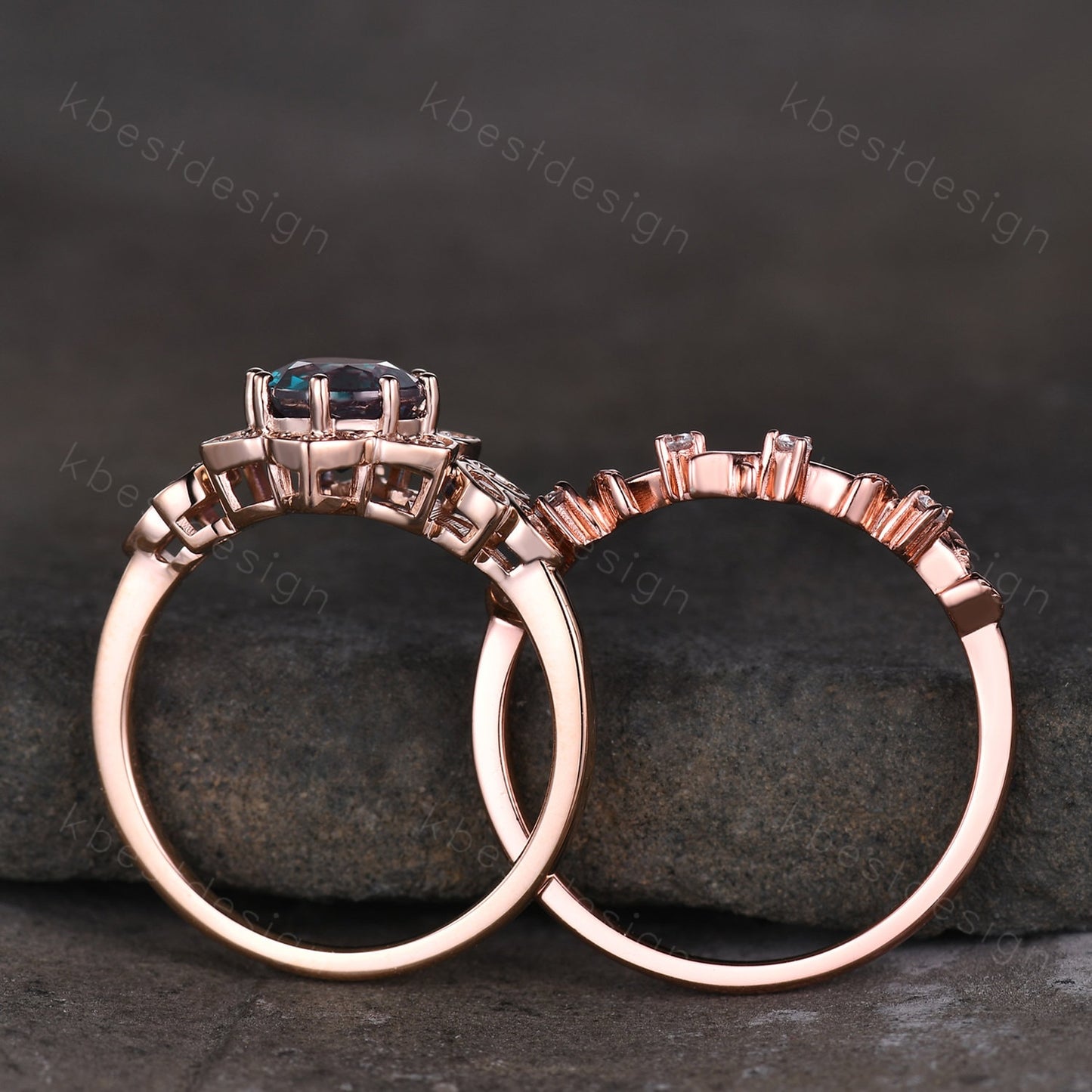 Vintage round Alexandrite engagement ring set antique moissanite halo ring rose gold twig wedding ring June Birthstone ring Promise ring set
