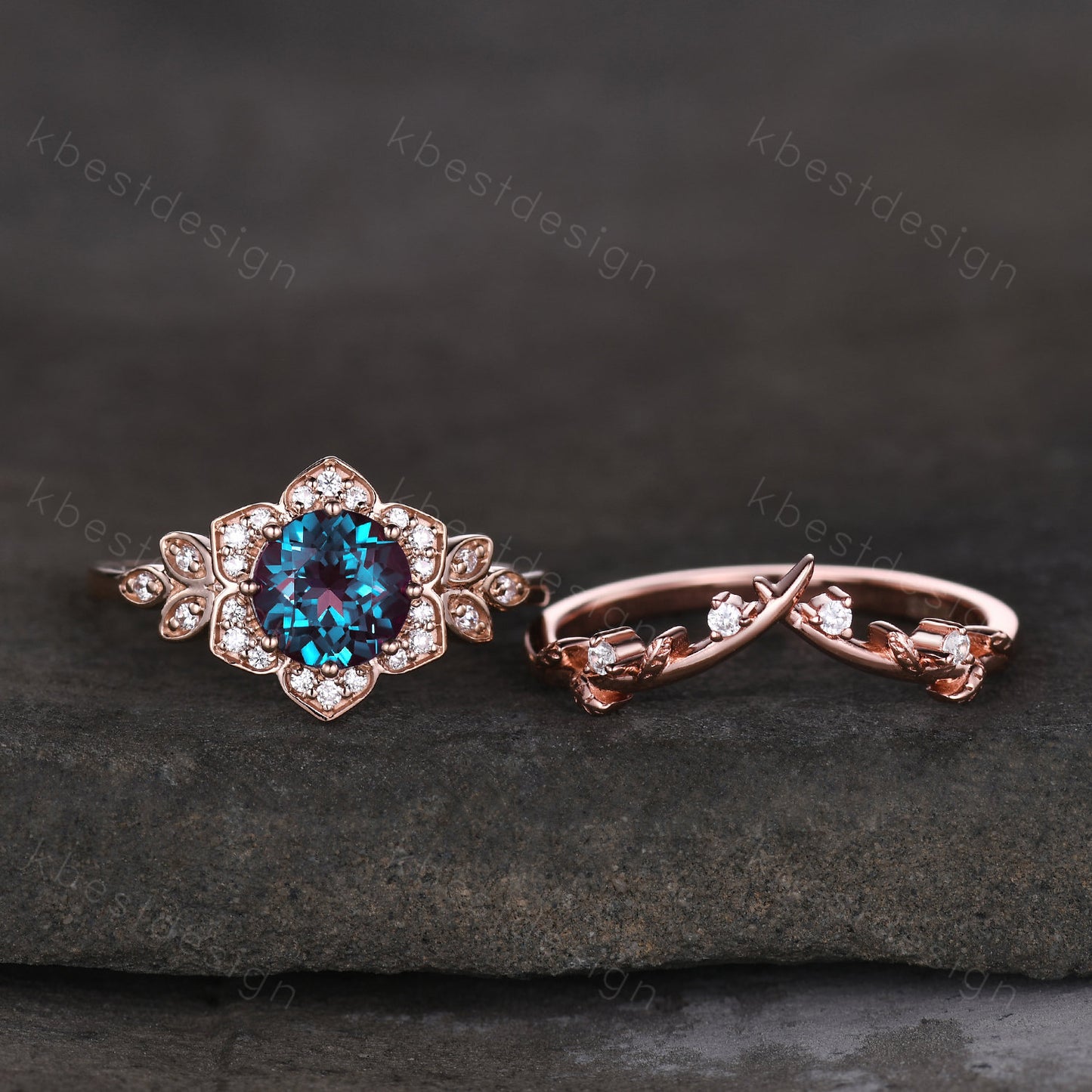 Vintage round Alexandrite engagement ring set antique moissanite halo ring rose gold twig wedding ring June Birthstone ring Promise ring set