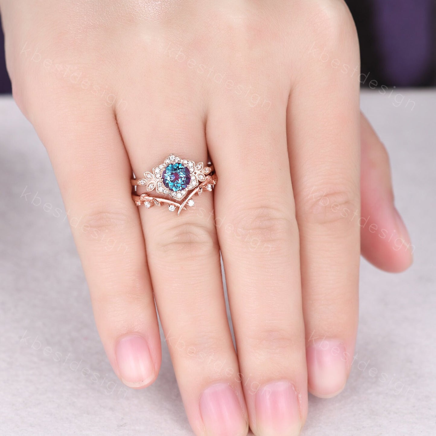 Vintage round Alexandrite engagement ring set antique moissanite halo ring rose gold twig wedding ring June Birthstone ring Promise ring set