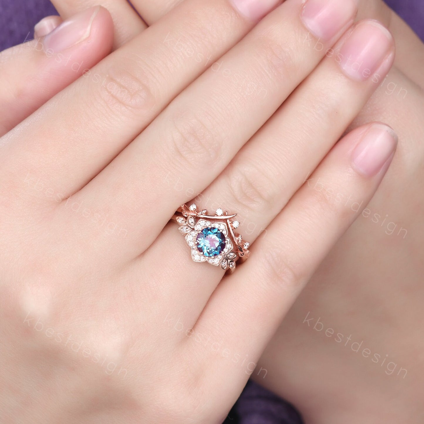 Vintage round Alexandrite engagement ring set antique moissanite halo ring rose gold twig wedding ring June Birthstone ring Promise ring set