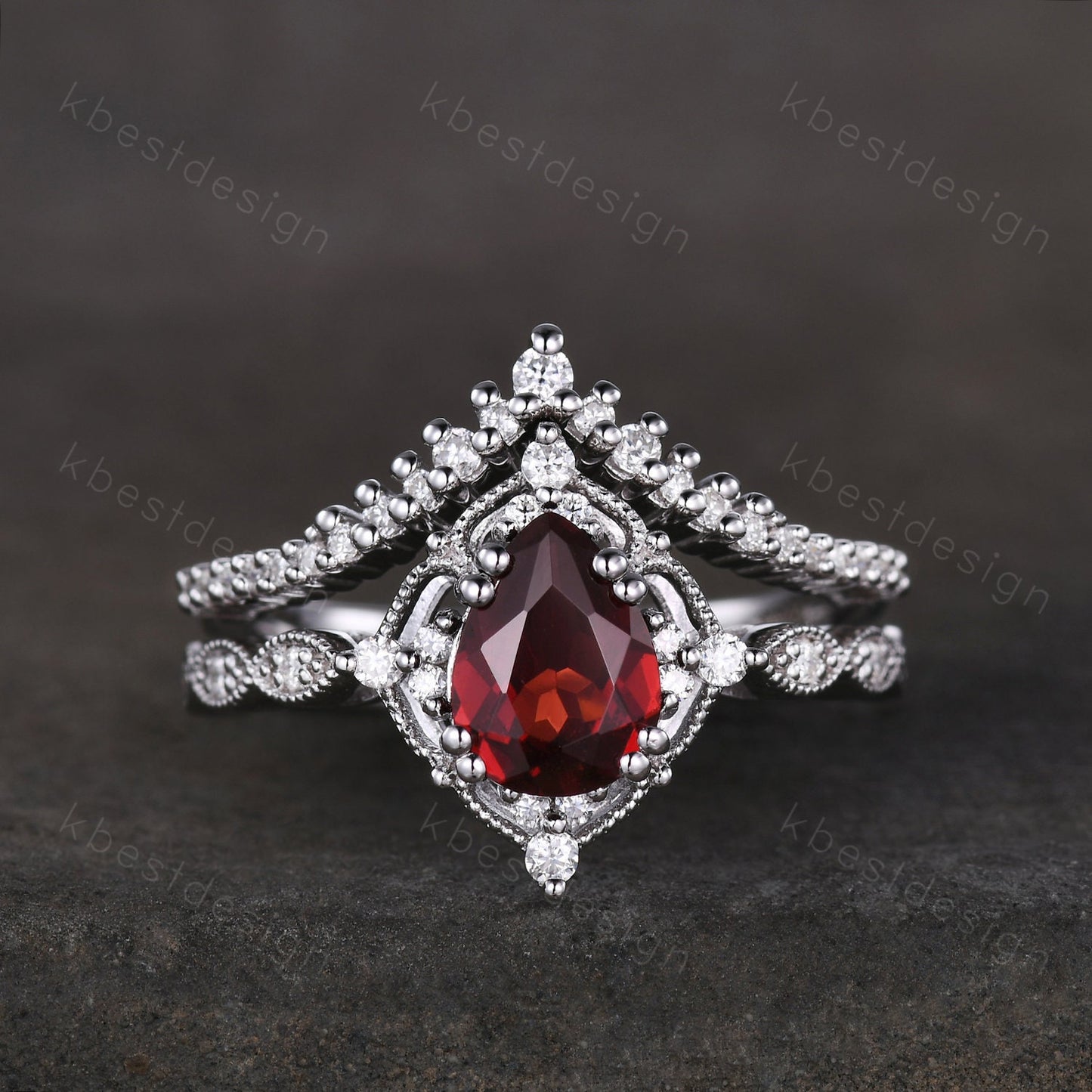 Vintage garnet engagement ring silver ring art deco curved stacking band pear cut bridal set unique moissanite wedding set anniversary gift