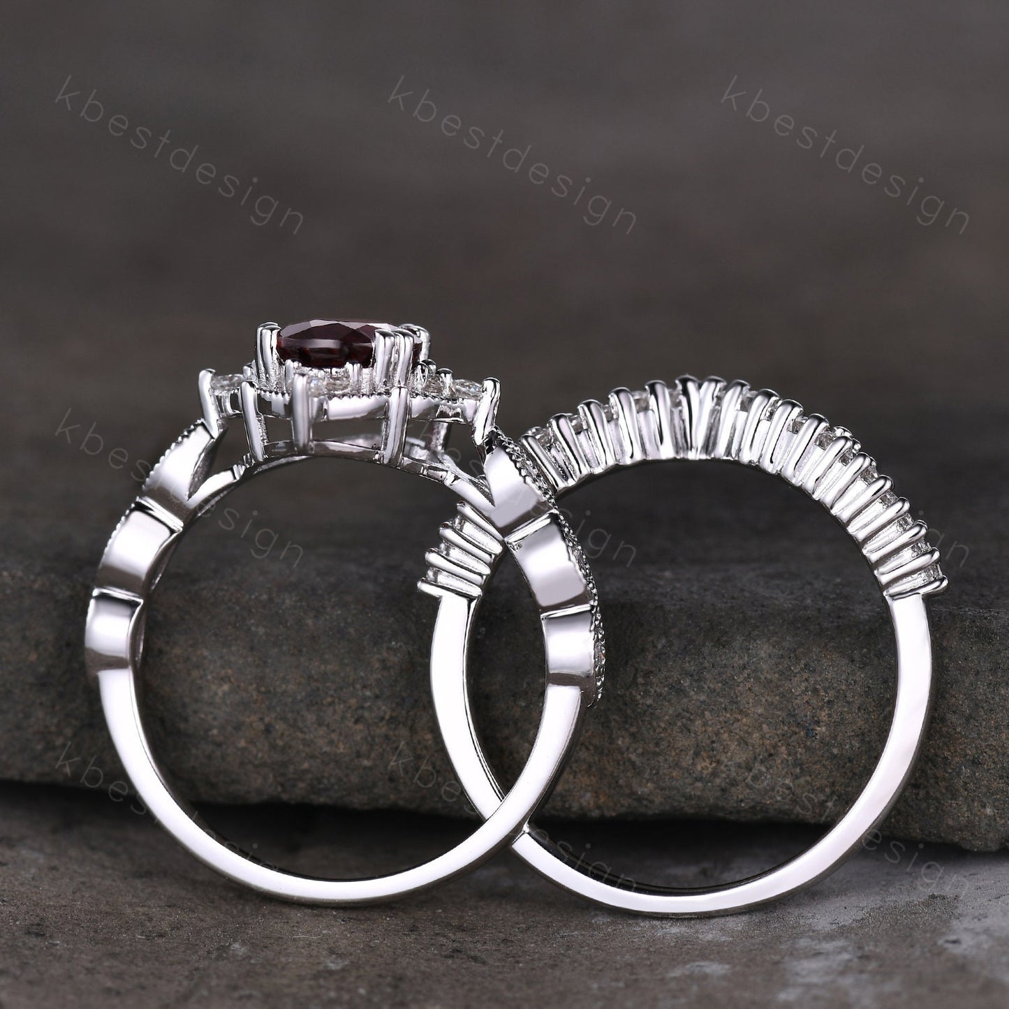 Vintage garnet engagement ring silver ring art deco curved stacking band pear cut bridal set unique moissanite wedding set anniversary gift