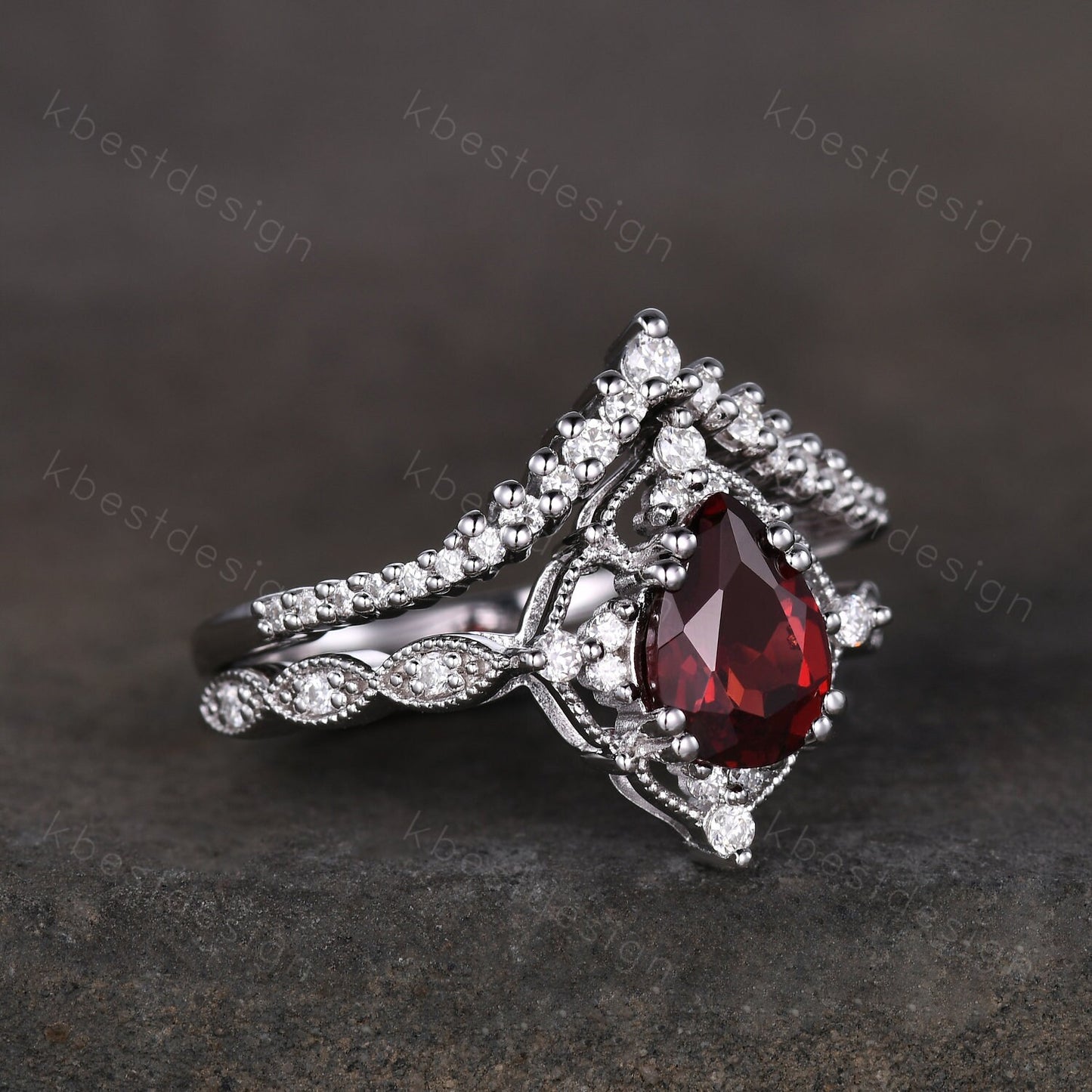 Vintage garnet engagement ring silver ring art deco curved stacking band pear cut bridal set unique moissanite wedding set anniversary gift