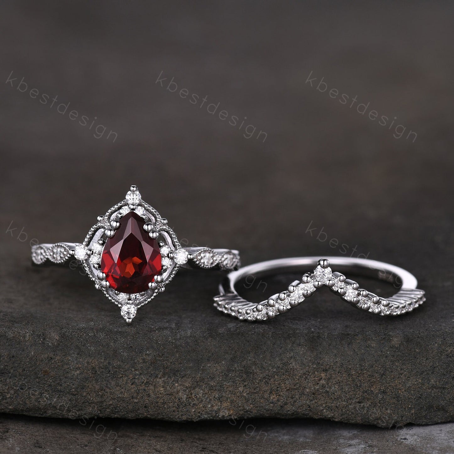 Vintage garnet engagement ring silver ring art deco curved stacking band pear cut bridal set unique moissanite wedding set anniversary gift