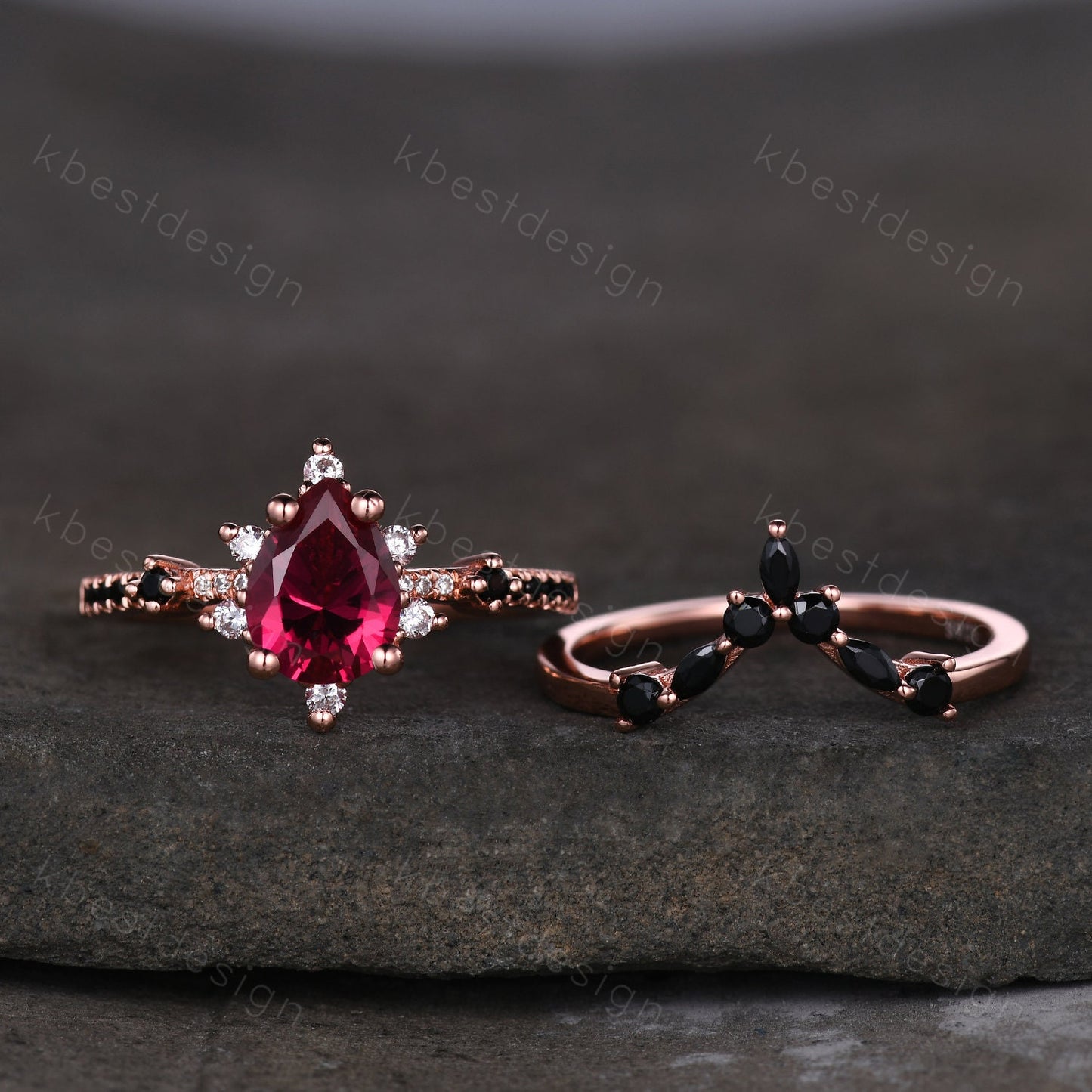 Vintage ruby engagement ring rose gold ring art deco curved black spinel wedding band pear cut bridal set unique anniversary wedding set