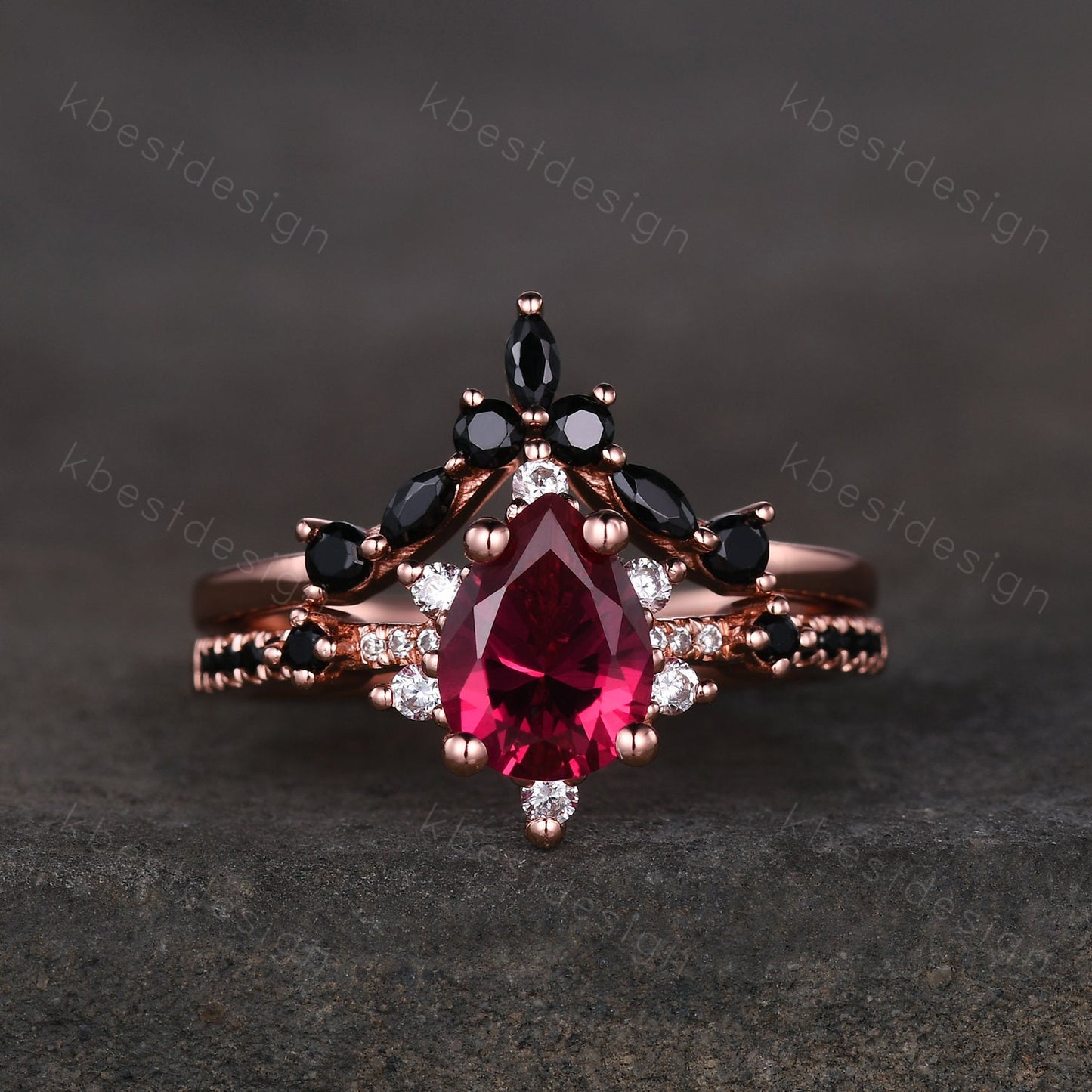 Vintage ruby engagement ring rose gold ring art deco curved black spinel wedding band pear cut bridal set unique anniversary wedding set