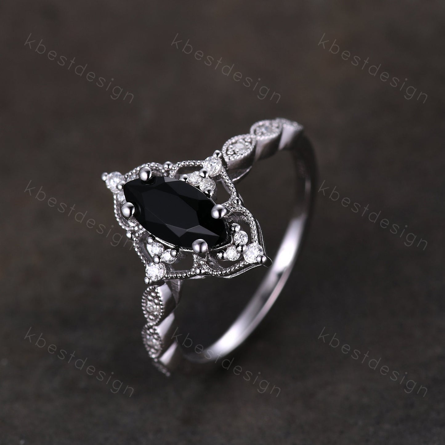 Vintage black onyx engagement ring silver gold ring art deco curved stacking band marquise cut bridal set unique moissanite wedding set