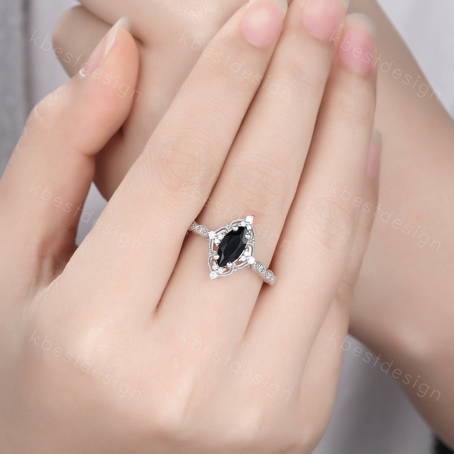 Vintage black onyx engagement ring silver gold ring art deco curved stacking band marquise cut bridal set unique moissanite wedding set
