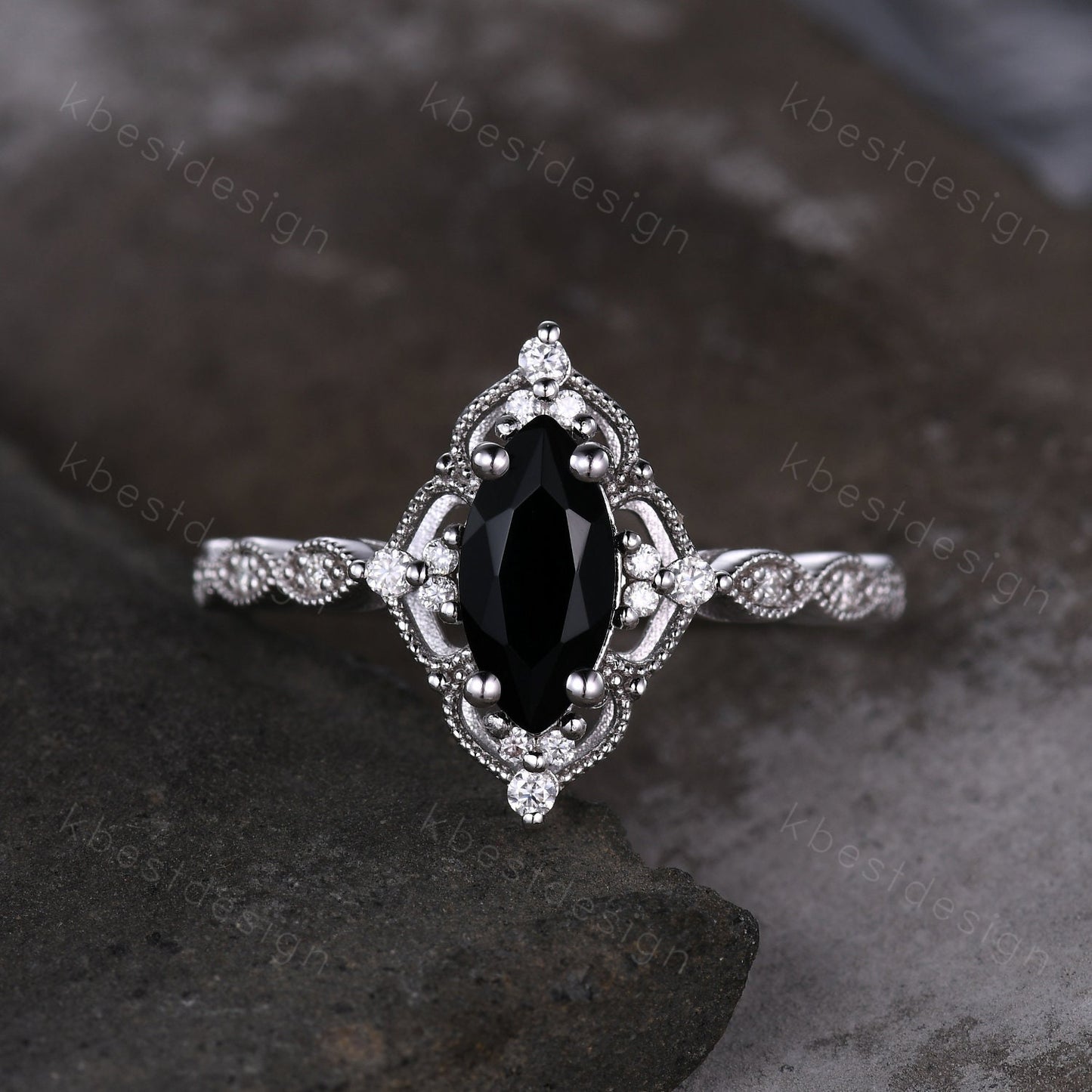 Vintage black onyx engagement ring 14k white gold ring unique marquise cut black onyx ring antique moissanite ring for women platinum ring