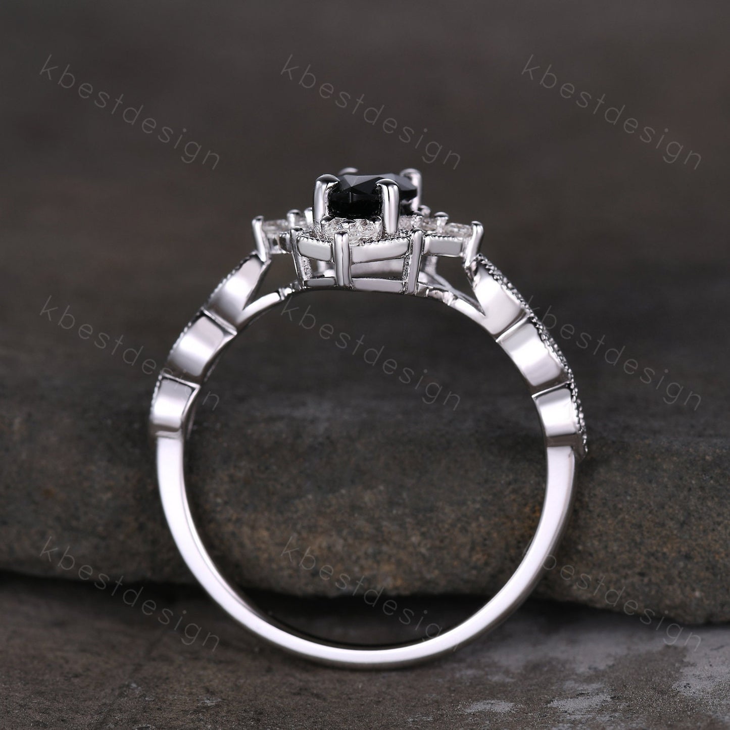 Vintage black onyx engagement ring 14k white gold ring unique marquise cut black onyx ring antique moissanite ring for women platinum ring