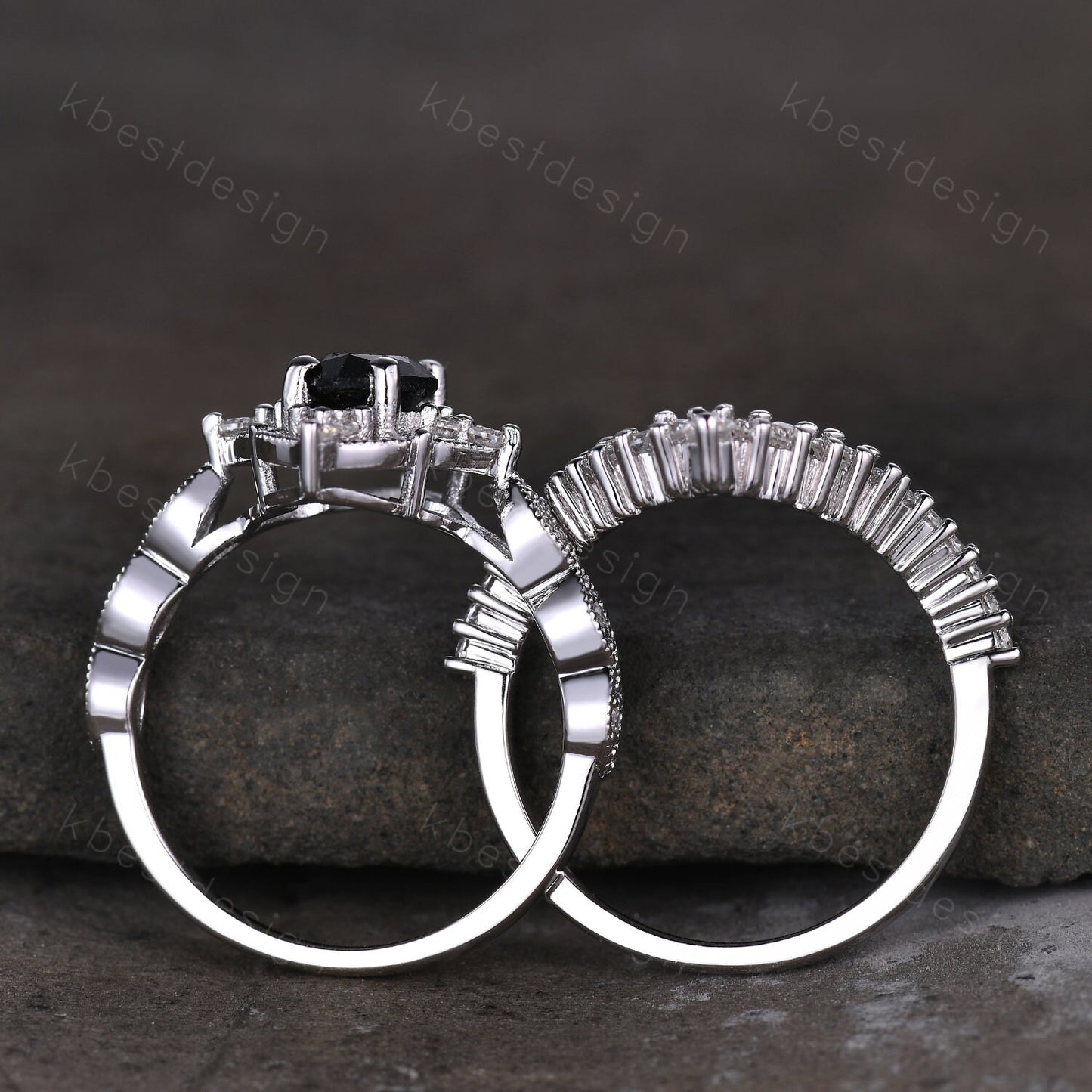 Vintage black rutilated quartz engagement ring silver art deco curved stacking band marquise cut bridal set unique moissanite wedding set