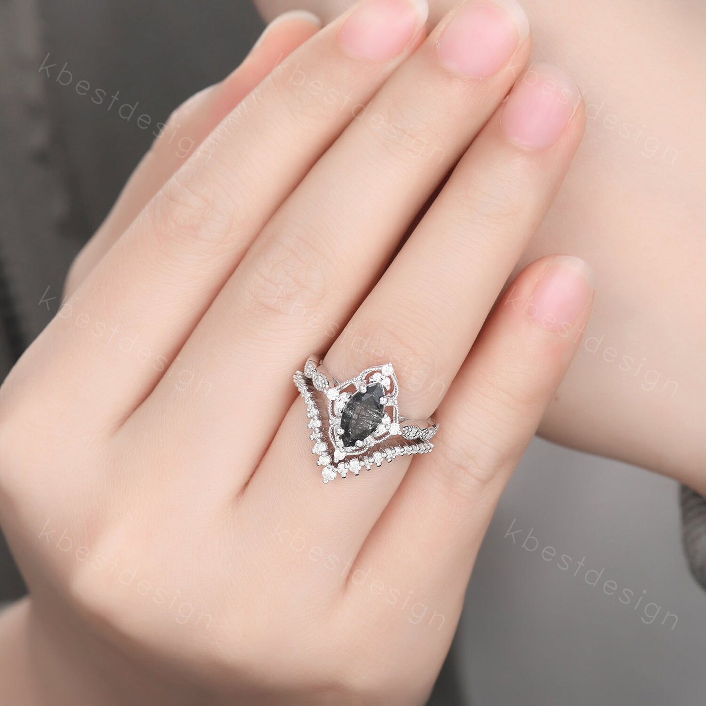 Vintage black rutilated quartz engagement ring set black gold art deco moissanite wedding band marquise cut unique bridal promise ring