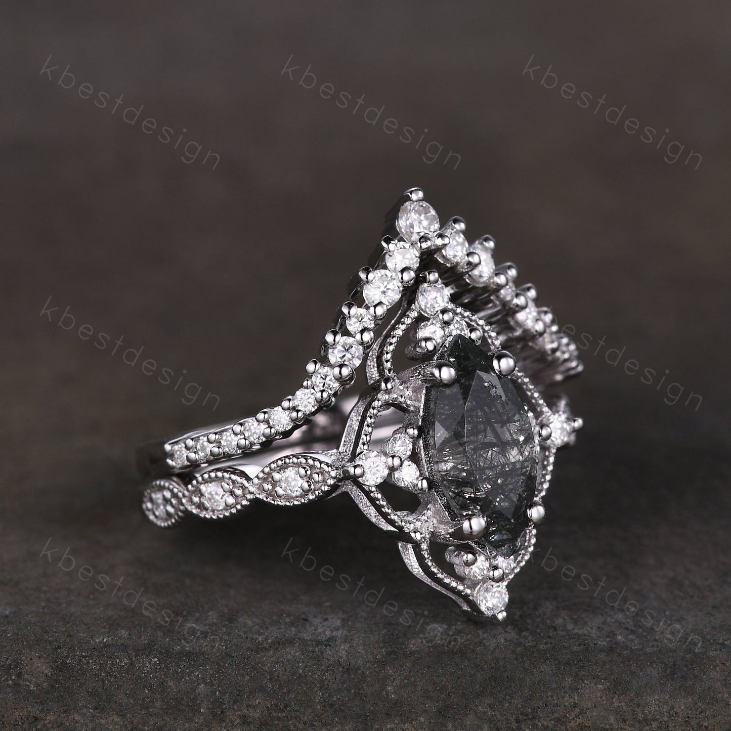 Vintage black rutilated quartz engagement ring silver art deco curved stacking band marquise cut bridal set unique moissanite wedding set