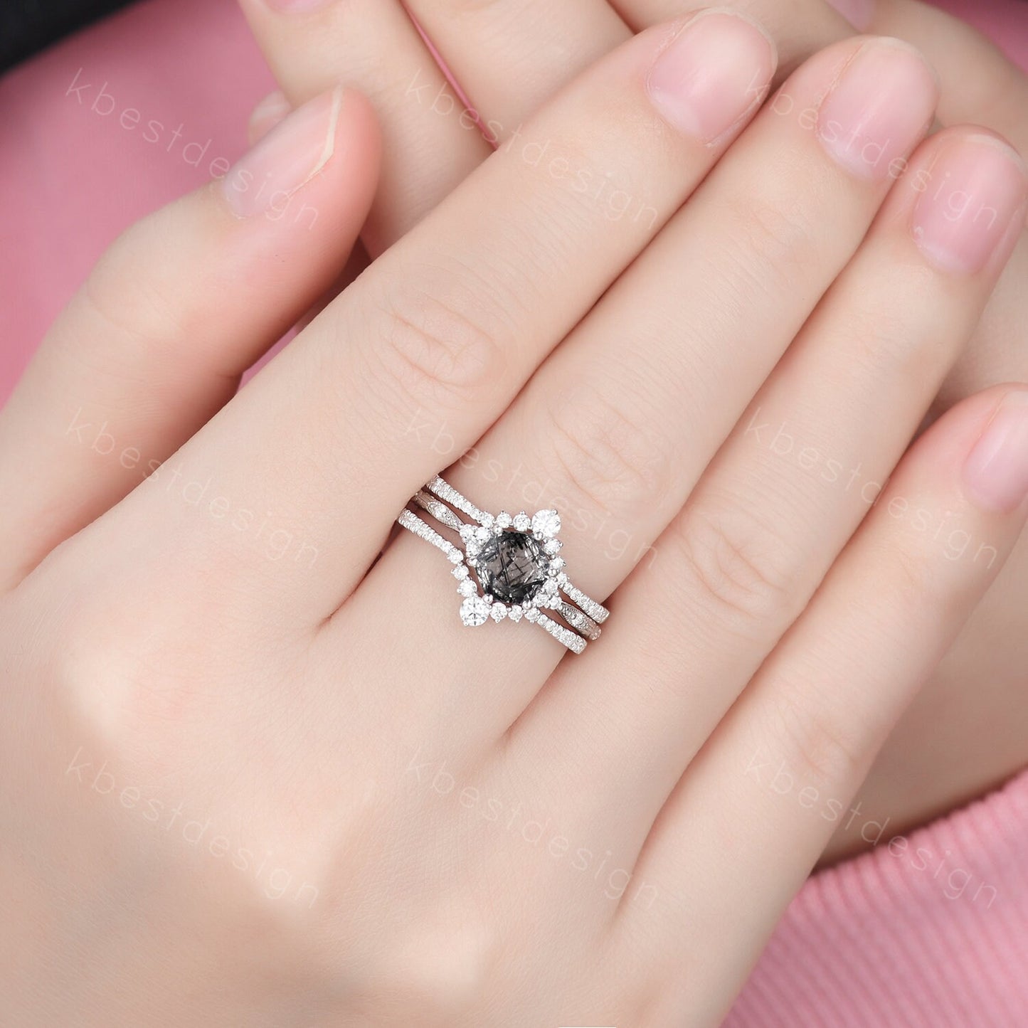 3pcs hexagon cut black rutilated quartz engagement ring silver art deco moissanite ring women stacking matching band unique wedding ring set