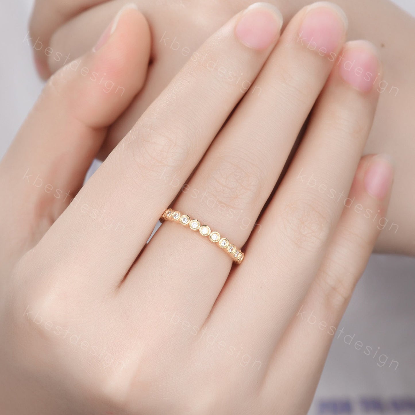 1.5mm round cut Moissanite wedding band yellow gold bezel set wedding band unique stacking matching band colorless moissanite ring for her