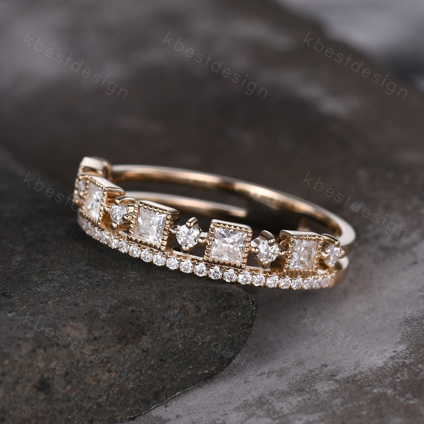 2mm princess cut Moissanite wedding band yellow gold milgrain bezel set wedding band art deco stacking matching band unique anniversary gift