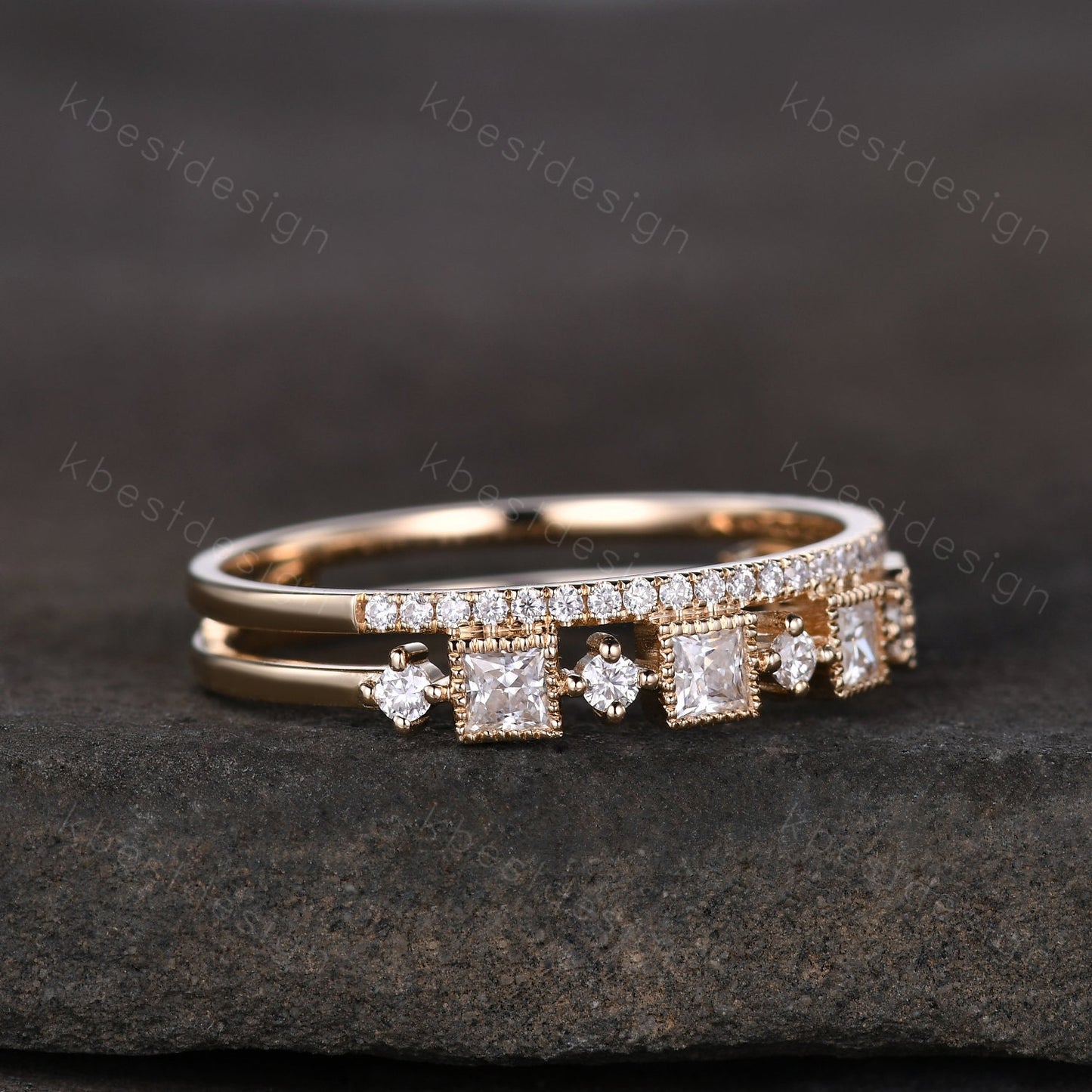 2mm princess cut Moissanite wedding band yellow gold milgrain bezel set wedding band art deco stacking matching band unique anniversary gift