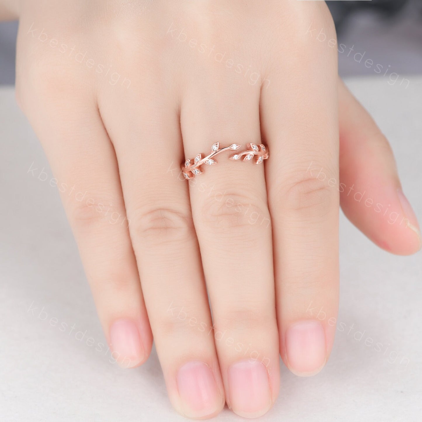Delicate Moissanite wedding band rose gold curved matching band twig leaf Stacking band olive branch engagement ring bridal anniversary ring