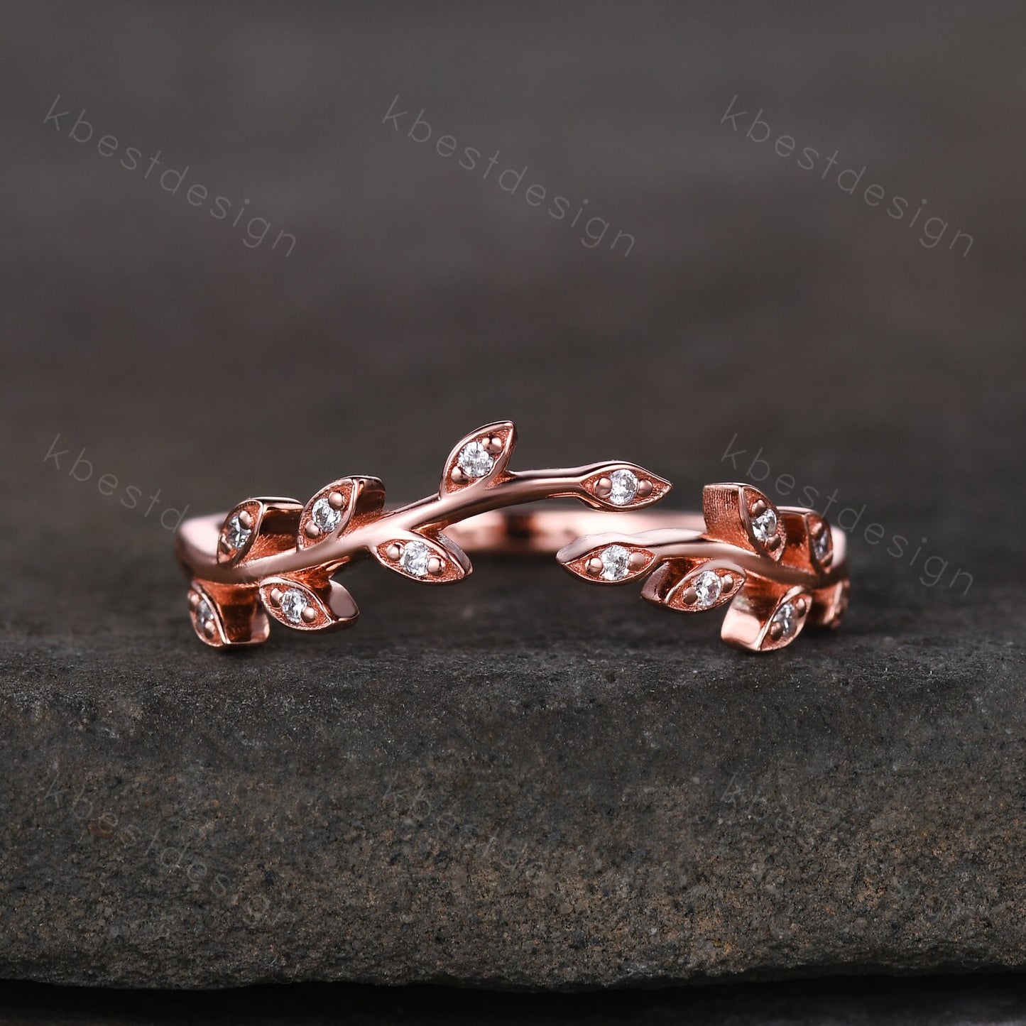 Delicate Moissanite wedding band rose gold curved matching band twig leaf Stacking band olive branch engagement ring bridal anniversary ring
