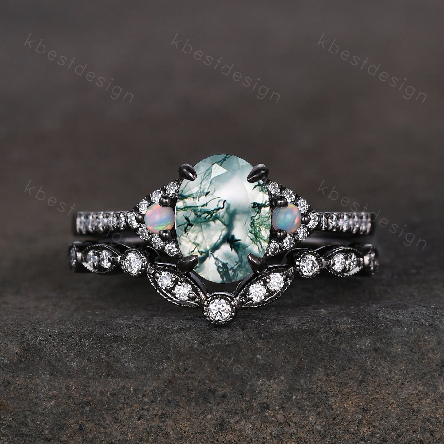 Vintage moss agate engagement ring set black gold green moss agate ring unique curved Moissanite stacking band oval cut bridal wedding set
