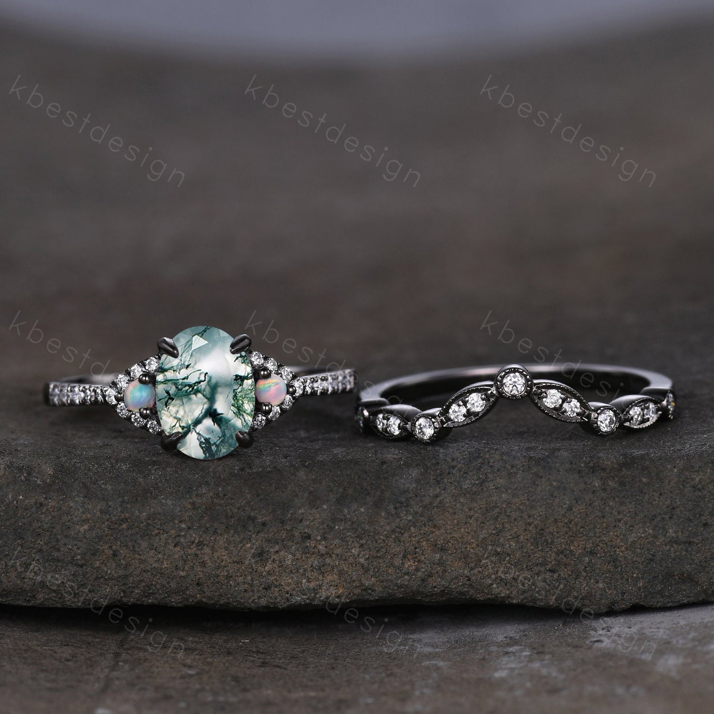 Vintage moss agate engagement ring set black gold green moss agate ring unique curved Moissanite stacking band oval cut bridal wedding set