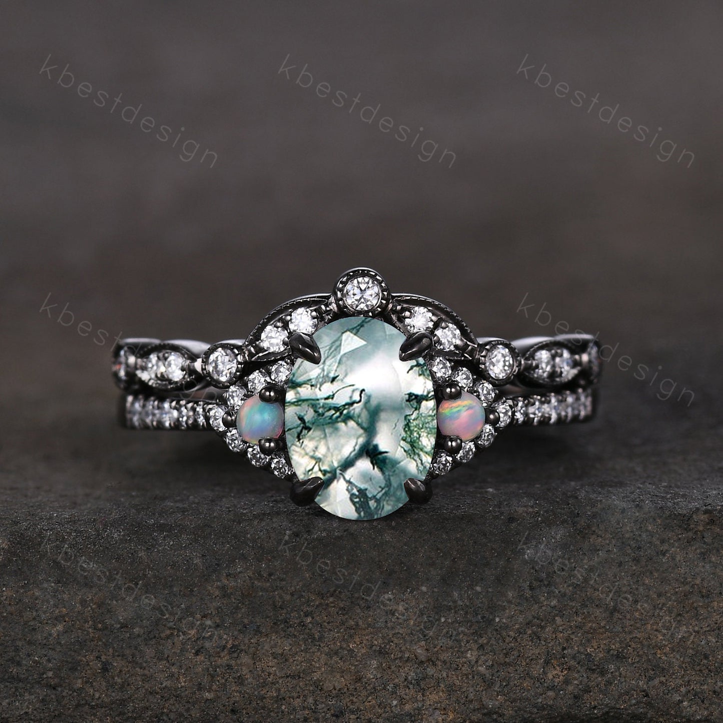 Vintage moss agate engagement ring set black gold green moss agate ring unique curved Moissanite stacking band oval cut bridal wedding set